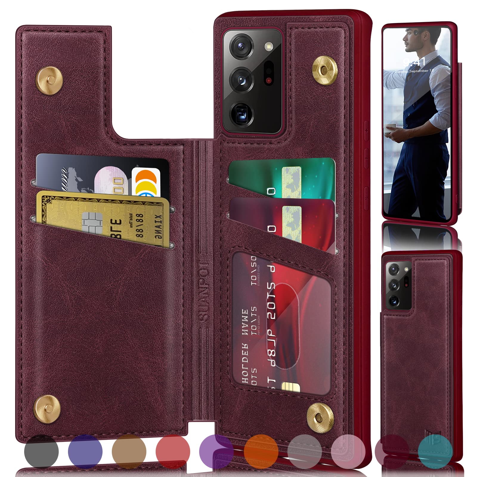 RFID Blocking Samsung Galaxy Note 20 Ultra Wallet Case - PU Leather Flip Cover with Credit Card Holder for Women & Men (Wine Red) | Perfect for Travel, Business & Everyday Protection