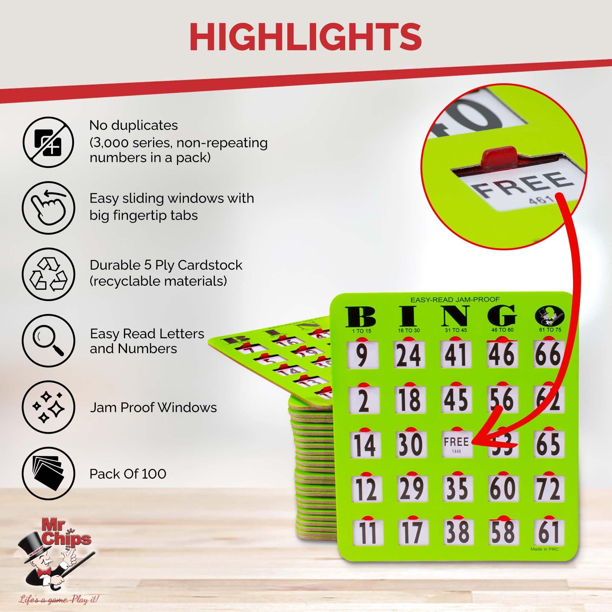 MR CHIPS Jam-Proof Easy-Read Large Print Fingertip Bingo Cards with Sliding Windows - 100 Pack Green | Perfect for Bingo Nights, Senior Activities & Family Game Events