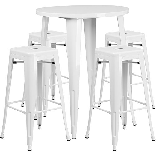 StarSun Depot 30 Inch Round White Metal Bar Table Set with 4 Backless Stools - Indoor Outdoor Bistro Dining Set for Patio, Garden, Restaurant & Home (30