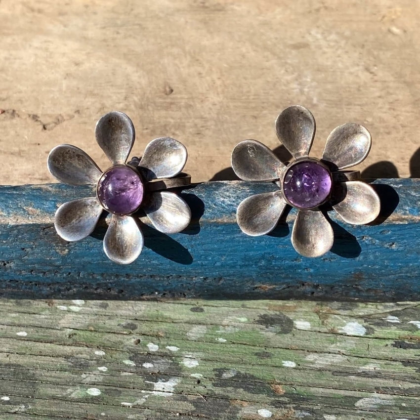 Vintage 1930s Mexican Floral Earrings with Genuine Amethyst Gemstones in 925 Sterling Silver - Perfect for Boho Chic, Retro Fashion & Special Occasions