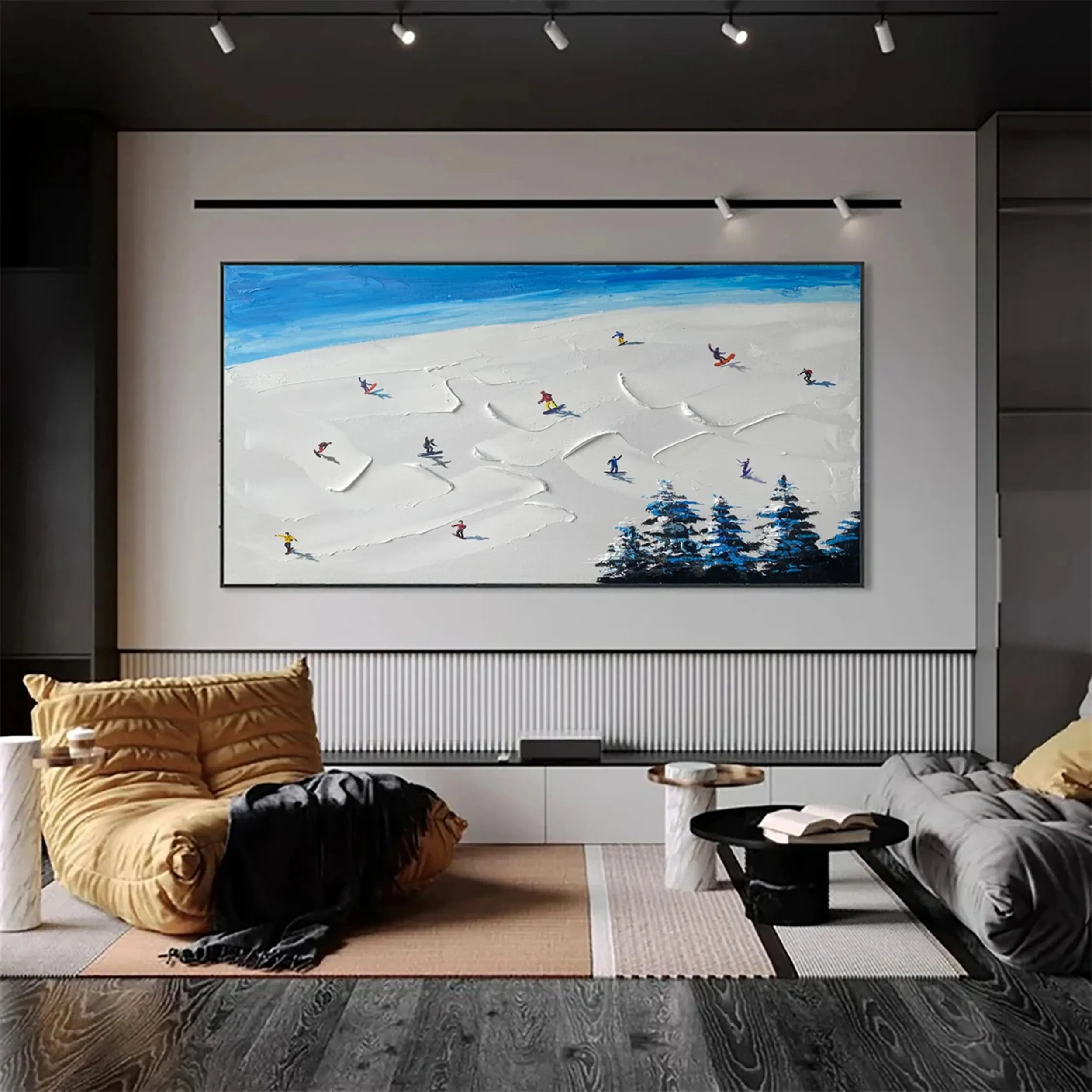 Premium Skiing Sport Art Textured Painting Canvas - Mountain Landscape Wall Decor #MM220 | Perfect for Ski Lodge, Cabin & Winter-Themed Home Decor