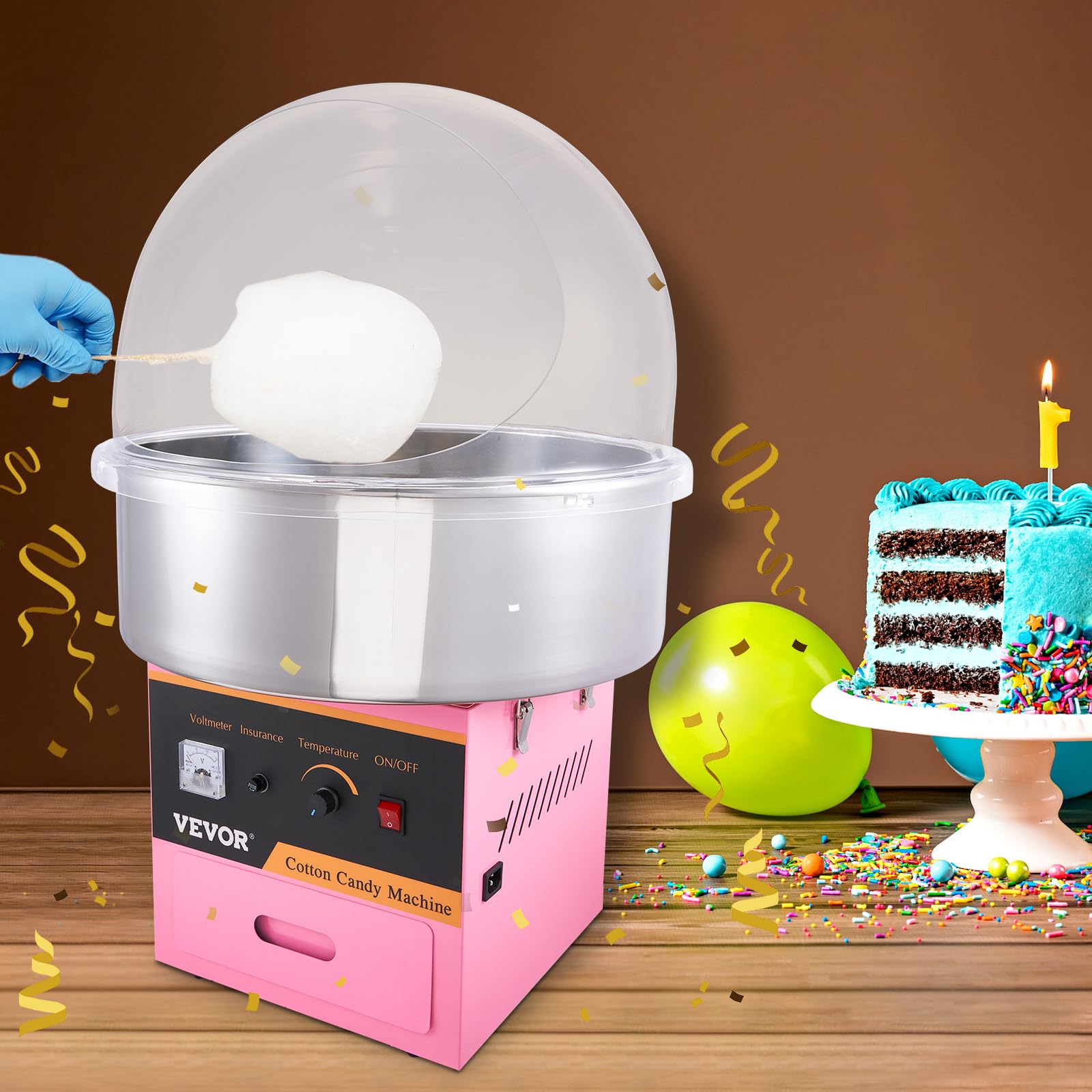 VEVOR Commercial Cotton Candy Machine with Cover - Electric Floss Maker with Stainless Steel Bowl, Sugar Scoop & Storage Drawer - Perfect for Home, Parties, Carnivals & Events (Pink)
