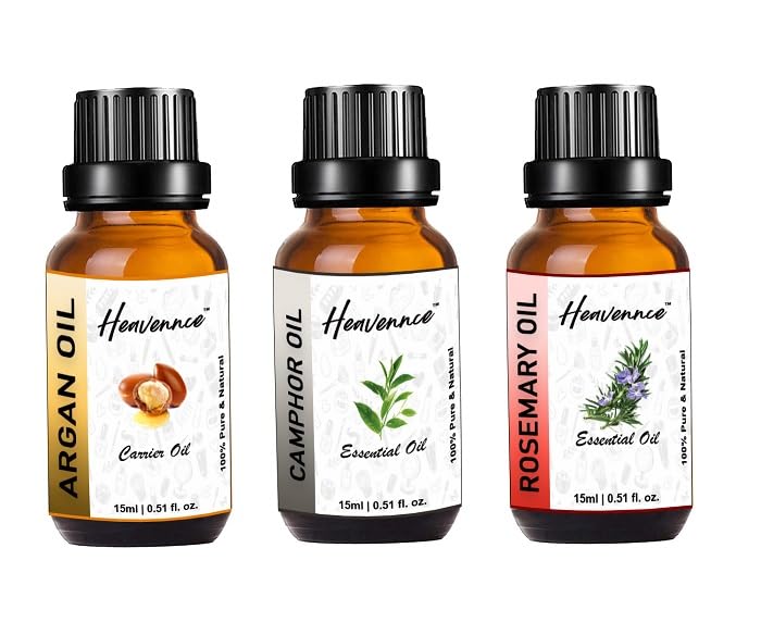 Premium Argan Oil, Camphor Oil & Rosemary Oil Trio Set - Natural Hair Growth Treatment, Skin Moisturizer & Anti-Aging Solution | Pain Relief & Rejuvenation Therapy | Aromatherapy Essential Oils Gift Set (3-Pack) for Daily Hair Care, Massage & Relaxation
