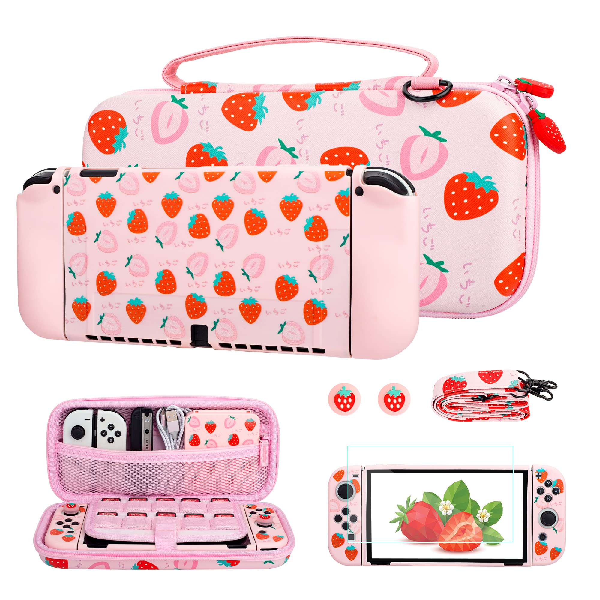 FUNDIARY Pink Strawberry Travel Carrying Case for Nintendo Switch OLED - Shockproof Storage Bag with Soft TPU Protective Case, Screen Protector, Shoulder Strap & 2 Thumb Caps | Portable Gaming Accessories Kit for Travel, Commuting & Outdoor Gaming