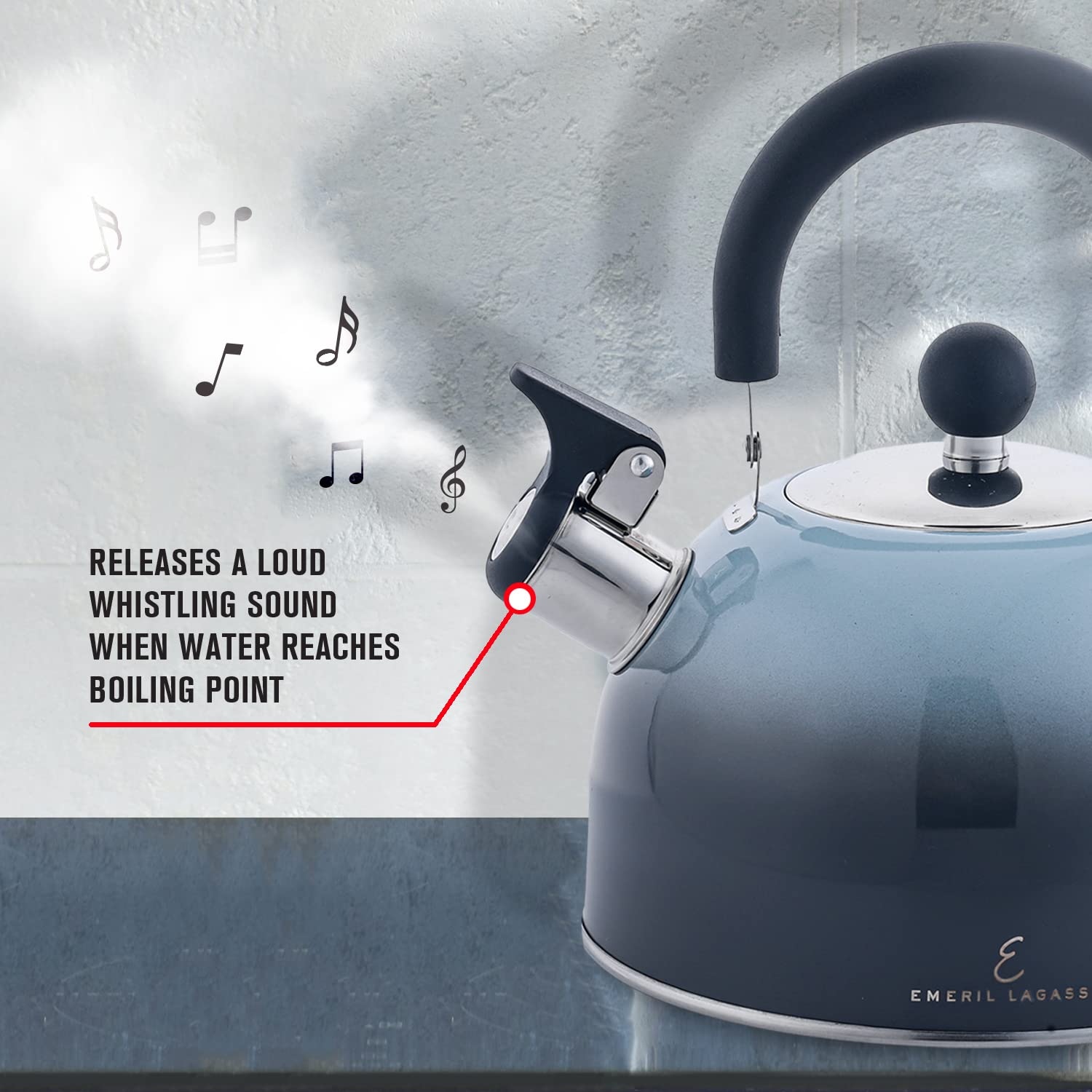 Emeril Lagasse 2.6 Quart Stainless Steel Whistling Tea Kettle - Induction Compatible, Fast Boiling Water Pot with Cool-Touch Handle for Home, Kitchen & Office - Perfect for Tea, Coffee & Cooking (Black)