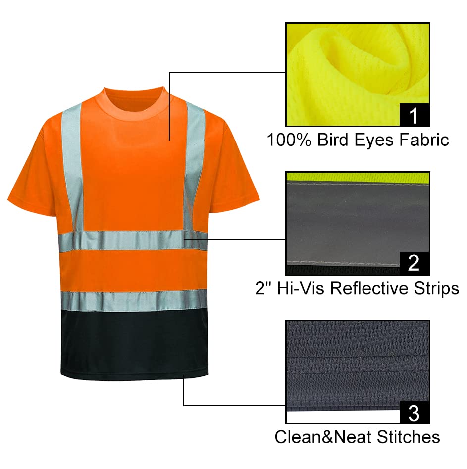High Visibility Safety Reflective Short Sleeve T-Shirts for Men & Women - Construction Work Shirts with Black Bottom - Ideal for Night Work, Road Construction & Outdoor Safety Gear