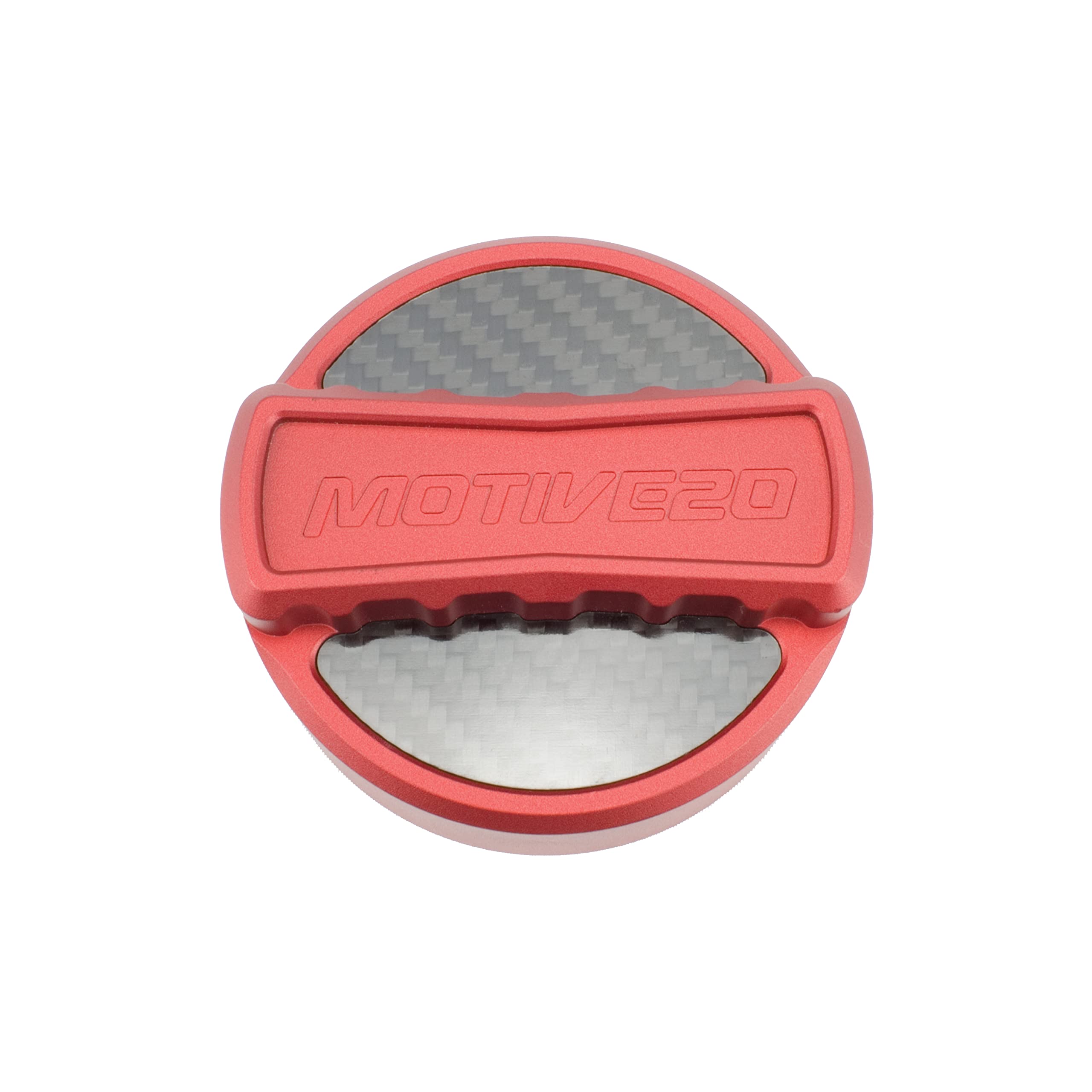 Motive Twenty™ Billet Aluminum Oil Cap Cover for BMW M Series - Carbon Fiber & Maverick Red Design - High Performance Engine Accessory - Perfect for Car Enthusiasts and Auto Shows