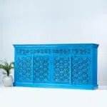 Hand Carved Carolina Blue Sideboard Buffet Table with Four Doors - Elegant Storage for Dining Room, Kitchen, or Living Room