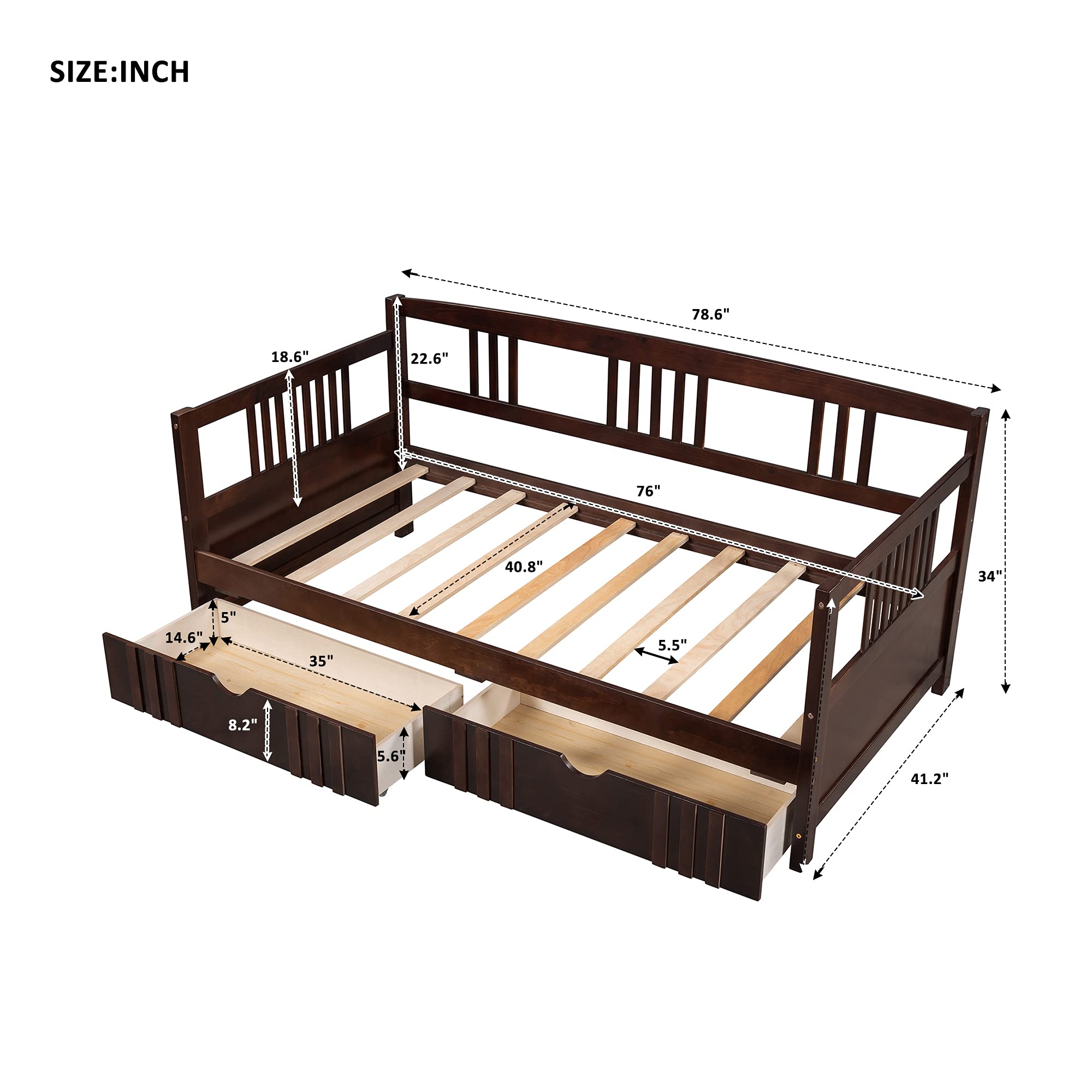 Twin Size Daybed with 2 Storage Drawers & Wood Slat Support - Solid Wood Sofa Bed Frame for Kids Teens Bedroom Guest Room - No Box Spring Needed (Espresso Finish) - Perfect for Small Spaces, Dorm Rooms & Multi-Functional Living Areas