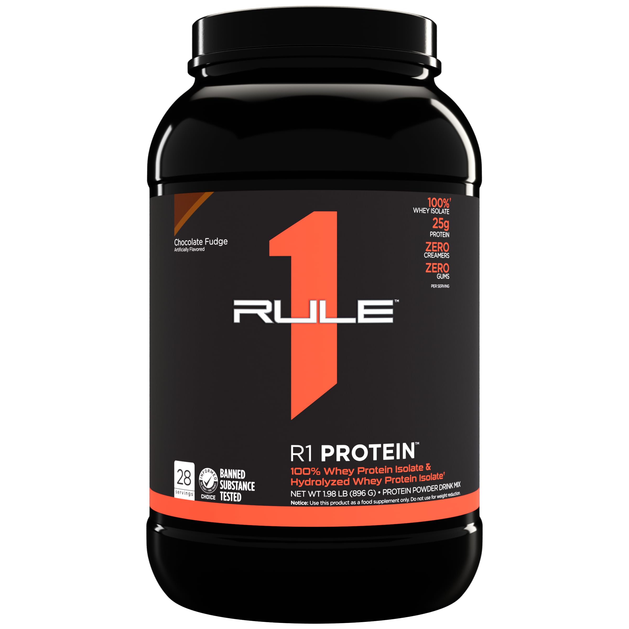 Rule One Proteins R1 Protein Powder - 25g Fast-Acting 100% Whey Isolate & Hydrolysate with 6g BCAAs, Super-Pure Muscle Recovery Supplement (2lb, Chocolate Fudge) for Post-Workout, Weight Training & Fitness Enthusiasts