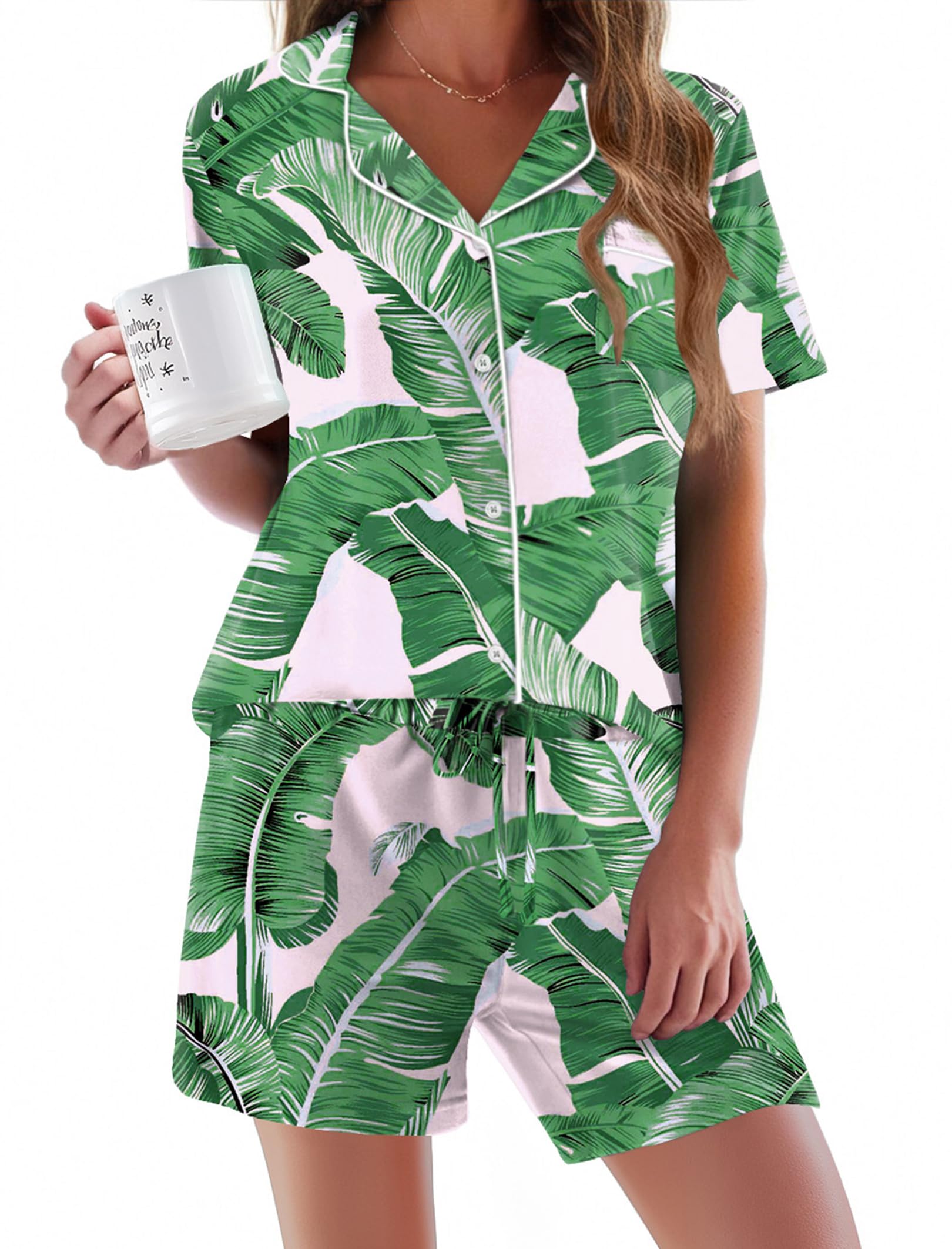 Ekouaer Women's Soft Short Sleeve Pajama Set - 2 Piece Button Down Sleepwear & Lounge Outfit for Comfortable Nightwear, Relaxing at Home or Vacation