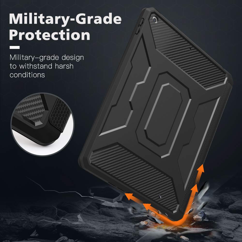 MoKo Shockproof Case for iPad 10.2-inch (9th/8th/7th Generation 2021/2020/2019) - Built-in Screen Protector & Apple Pencil Holder, Auto Sleep/Wake Full Body Protective Cover - Perfect for Work, School & Travel (Black)