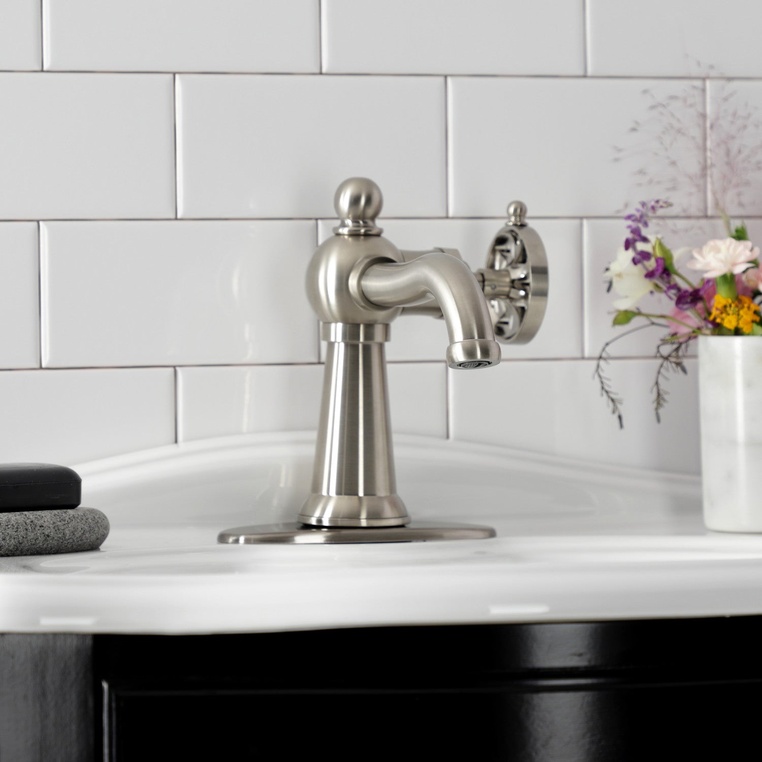 Belknap KSD3548RX Single Handle 1-Hole Bathroom Sink Faucet with Deck Plate & Push Pop-Up Drain, Brushed Nickel - Perfect for Modern Bathroom Vanities & Powder Rooms