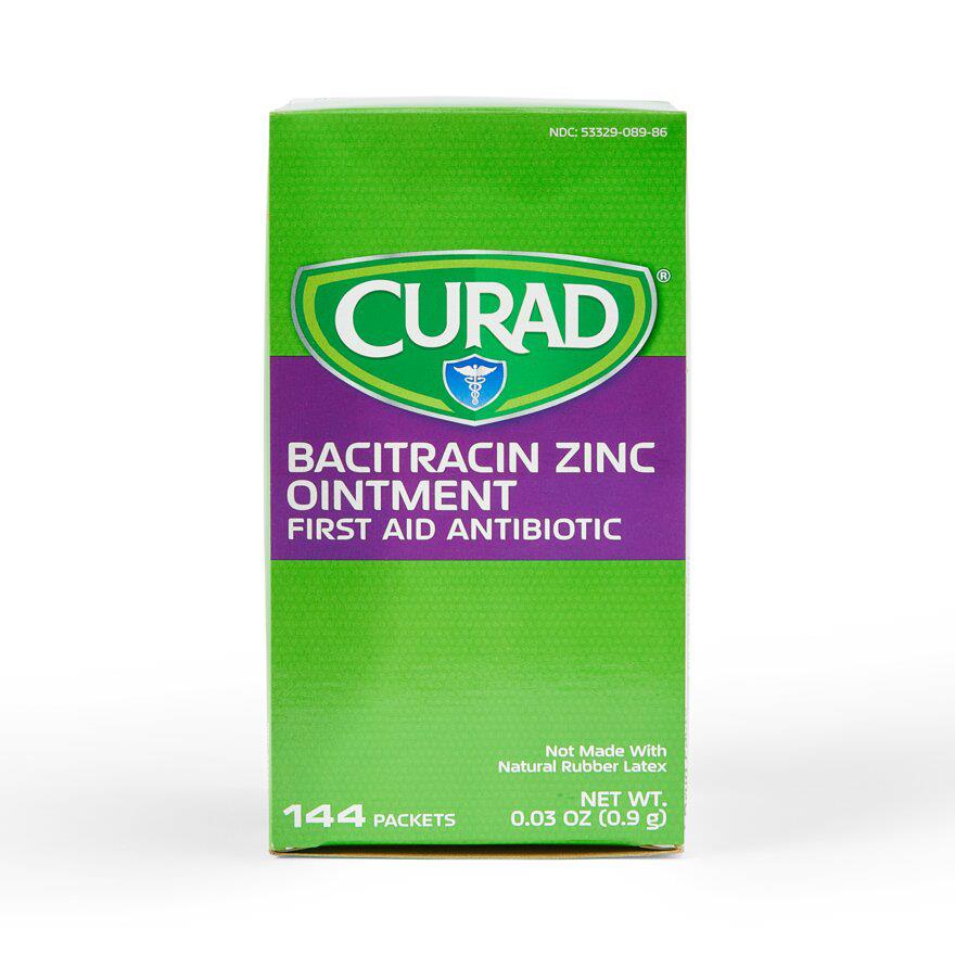 CURAD Bacitracin Zinc Antibiotic Ointment - 0.9g First Aid Wound Care Treatment (144 Foil Packets/Box) - Ideal for Minor Cuts, Scrapes, and Burns at Home, Work, or Outdoor Activities