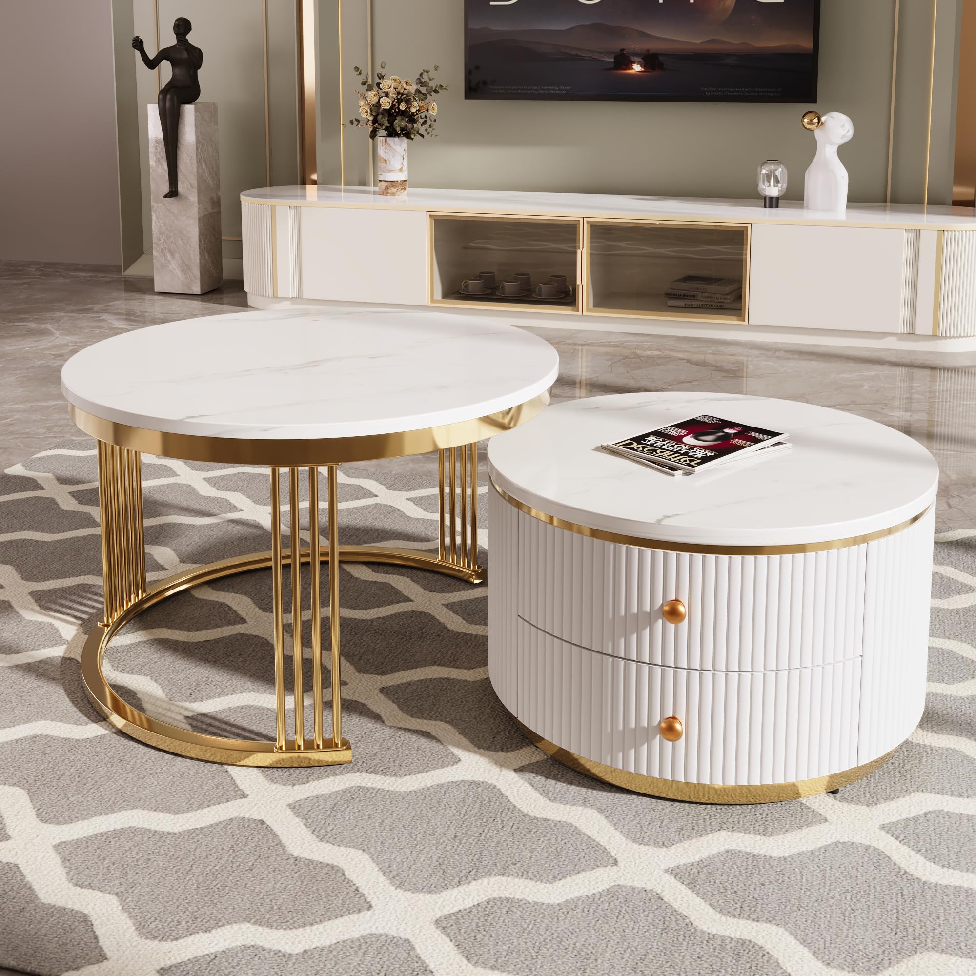 Modern Round Nesting Coffee Table Set of 2 with Storage Drawers - Gold & White Accent Living Room Furniture for Small Spaces, Apartments | Perfect for Coffee Serving, Magazine Storage & Home Decor