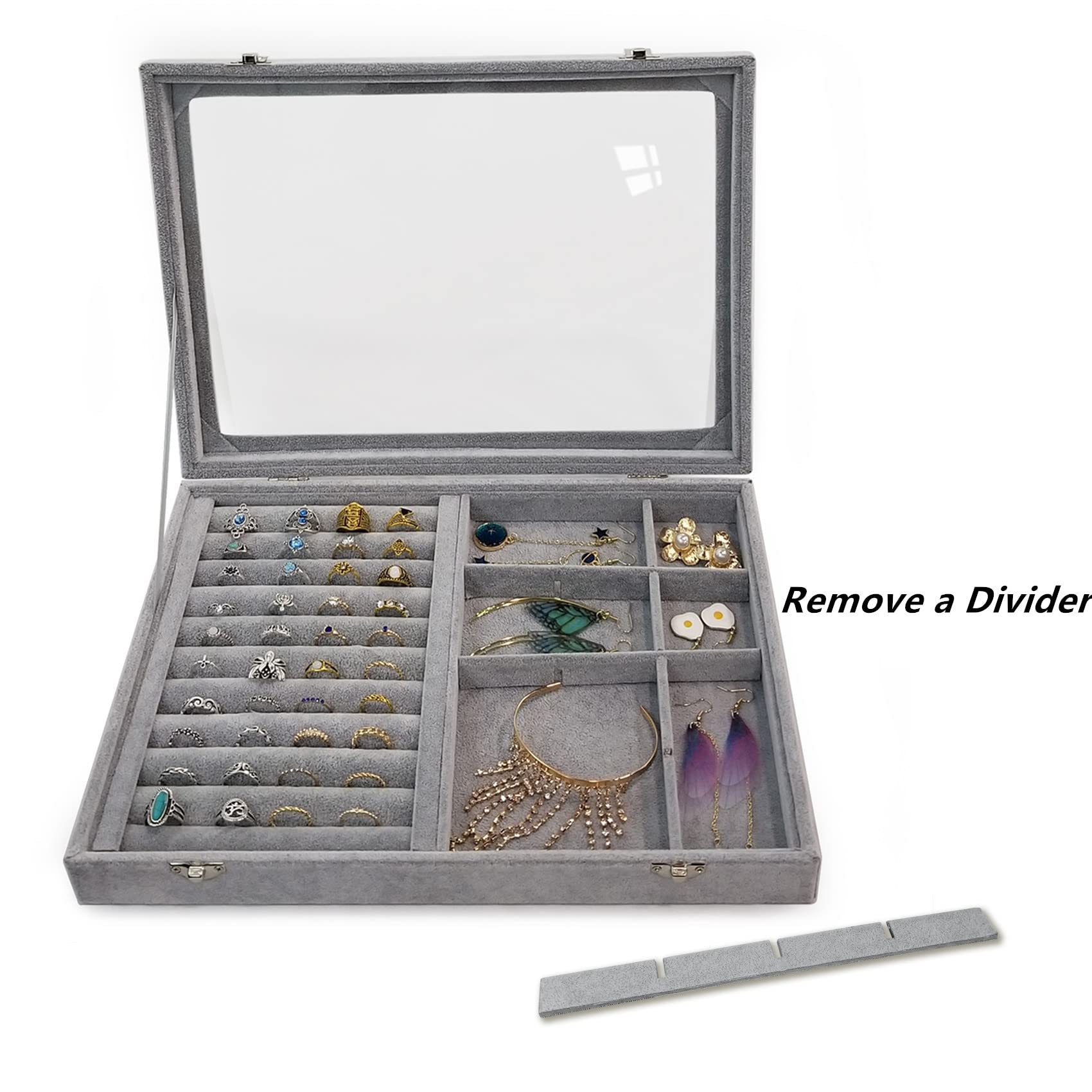 12 Grid Ice Velvet Jewelry Organizer Box with Clear Locking Lid - Ring Tray Display Case for Earrings, Necklaces & Bracelets - Perfect for Travel, Home Storage & Retail Showcase (Grey)