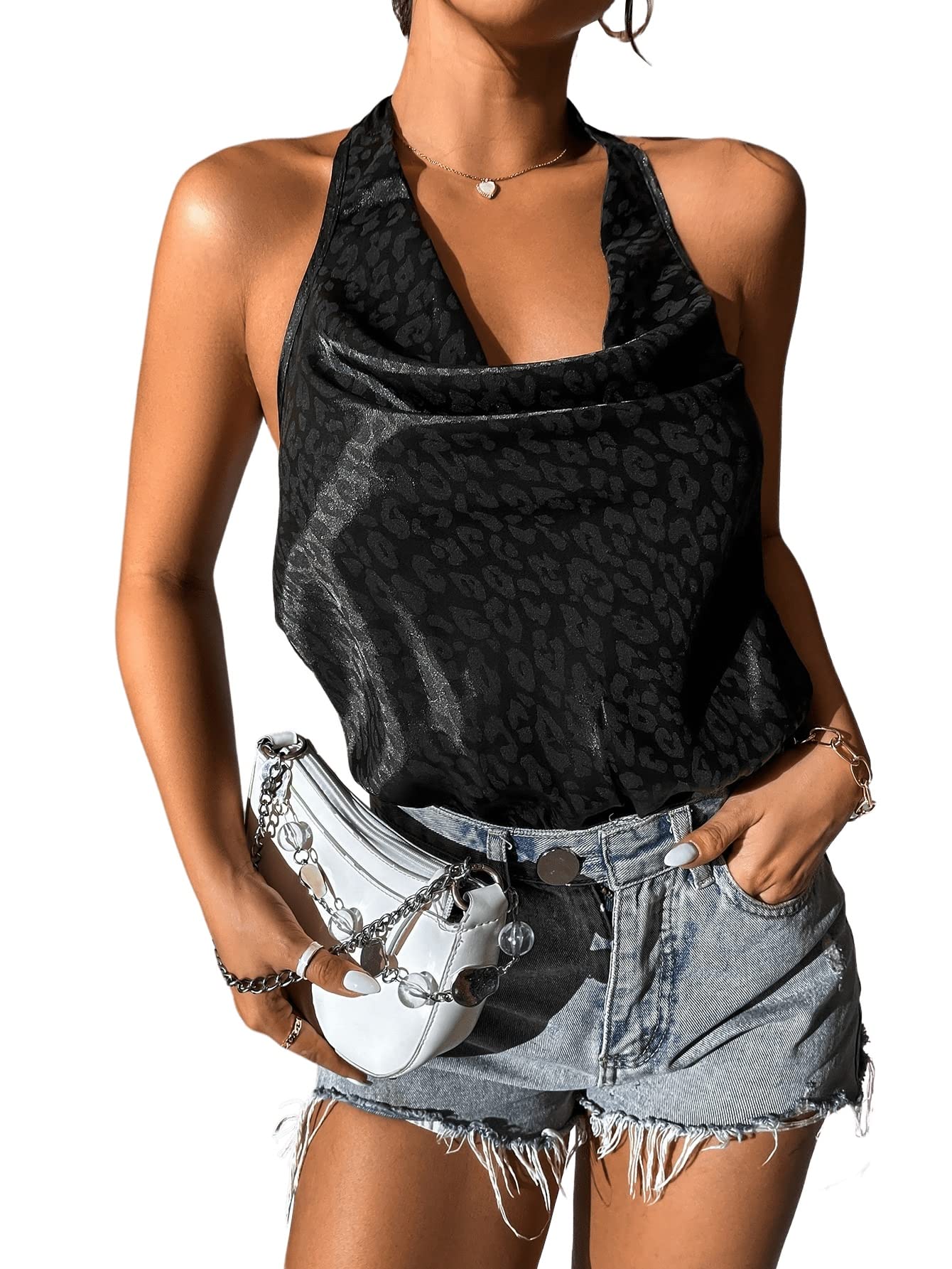 SweatyRocks Women's Sequin Sleeveless Halter Top - V Neck Backless Clubwear Bodysuit for Party, Night Out, and Special Occasions