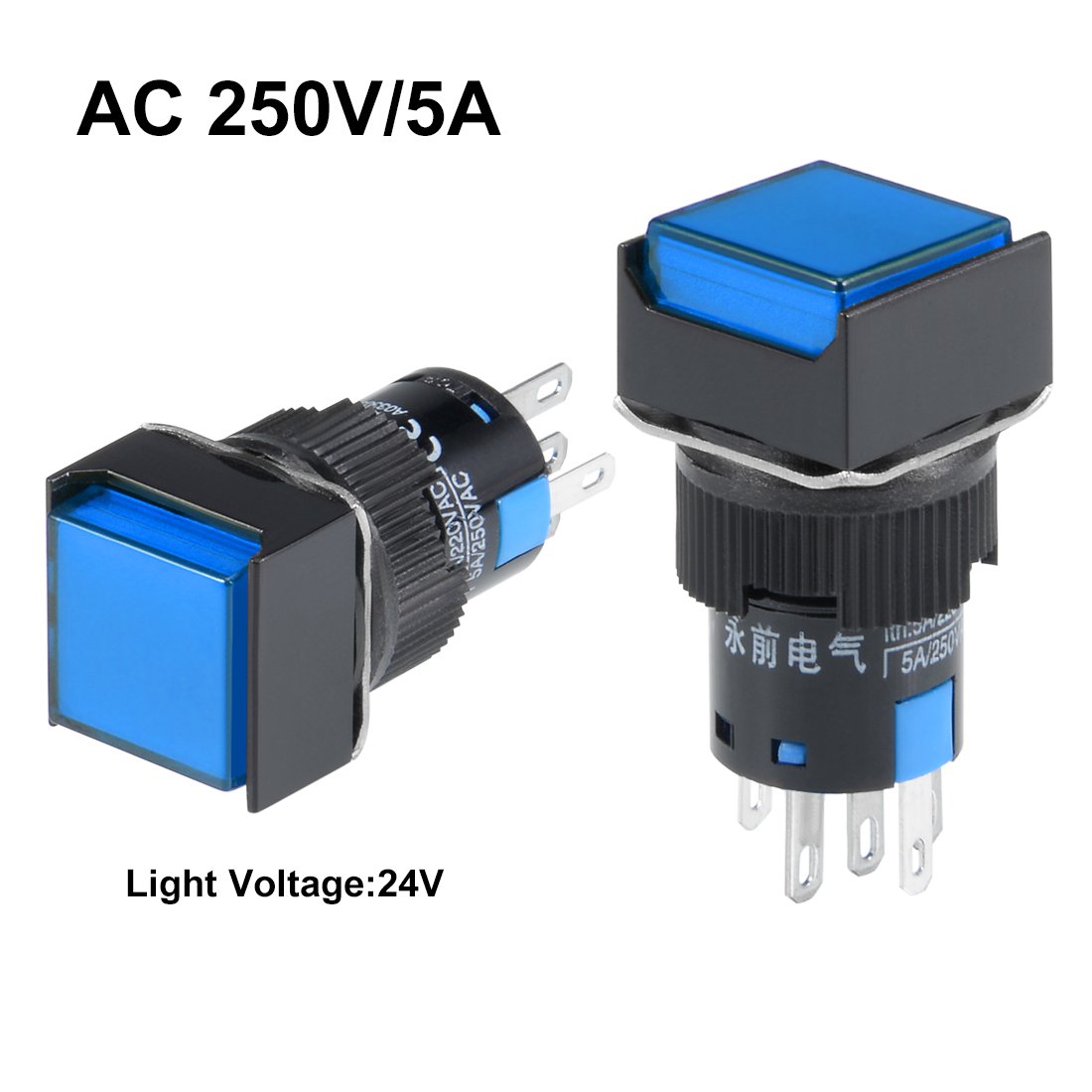 uxcell 5 Pcs 16mm Momentary Push Button Switch with Blue LED Light - 1 NO 1 NC Contact, 24V - Perfect for Control Panels, Machinery, and DIY Electronics Projects