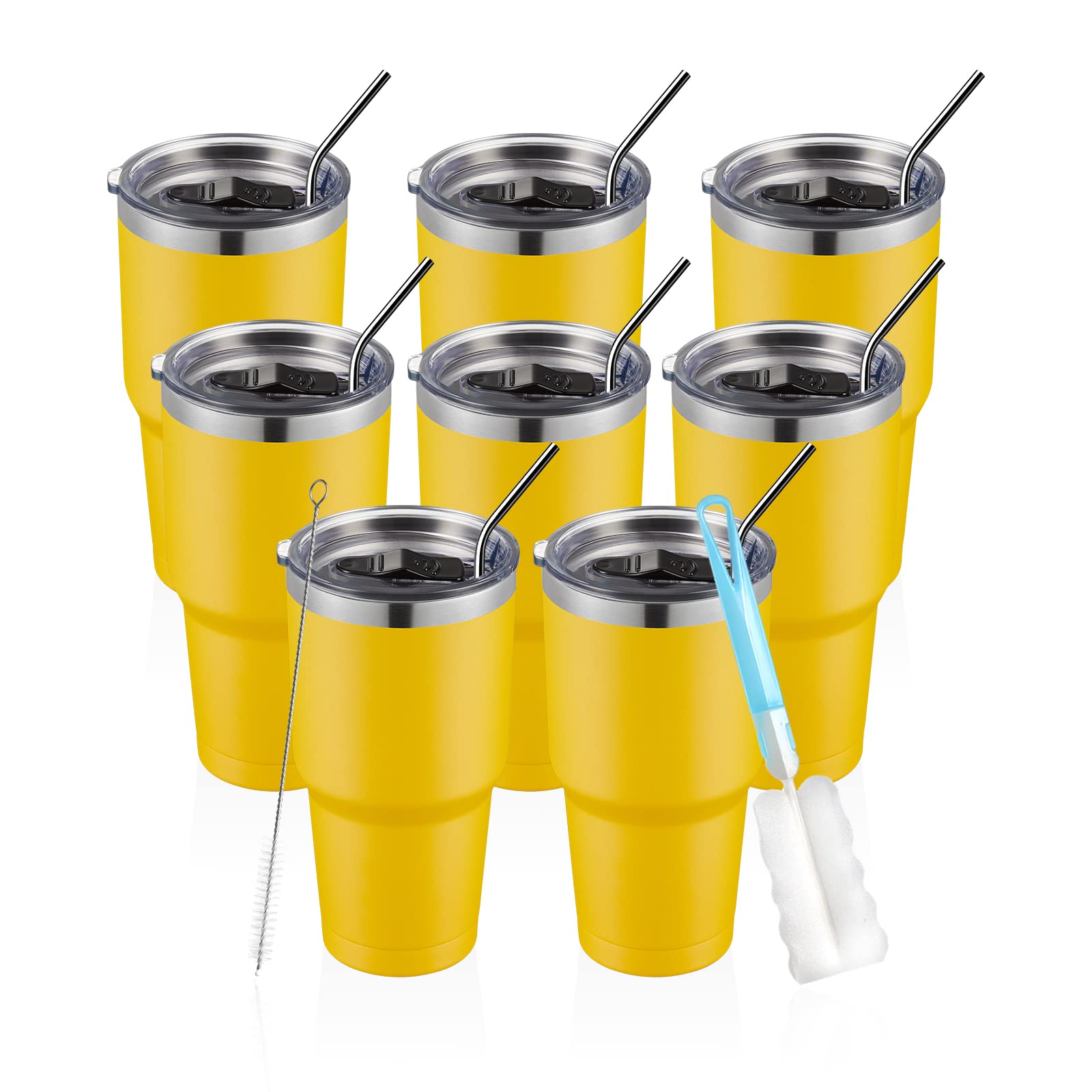 COMOOO 30oz Stainless Steel Tumbler with Lid & Straw - 8 Pack Bulk Insulated Coffee Cups, Double Wall Vacuum Travel Mug for Hot/Cold Drinks (Yellow) - Perfect for Office, Gym, Camping & Outdoor Activities