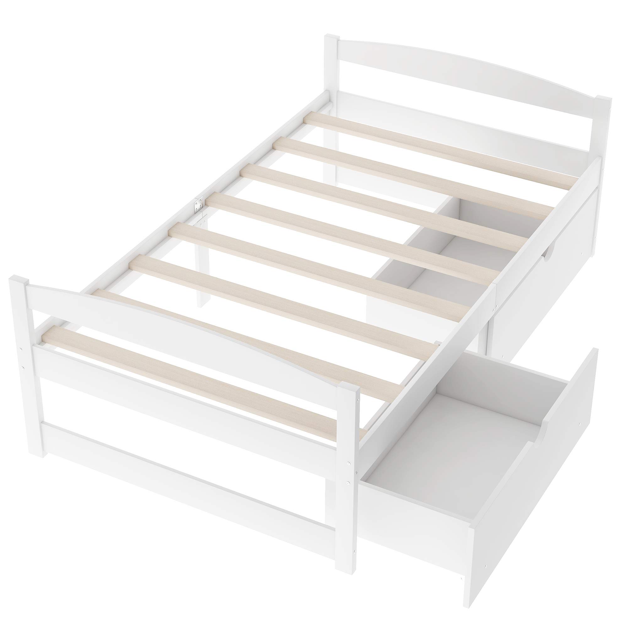 KLMM Twin Platform Bed with 2 Drawers - Solid Wood Captain’s Daybed for Bedroom & Living Room - White Wooden Slat Support - Perfect for Guest Rooms, Small Spaces & Multi-functional Furniture Needs