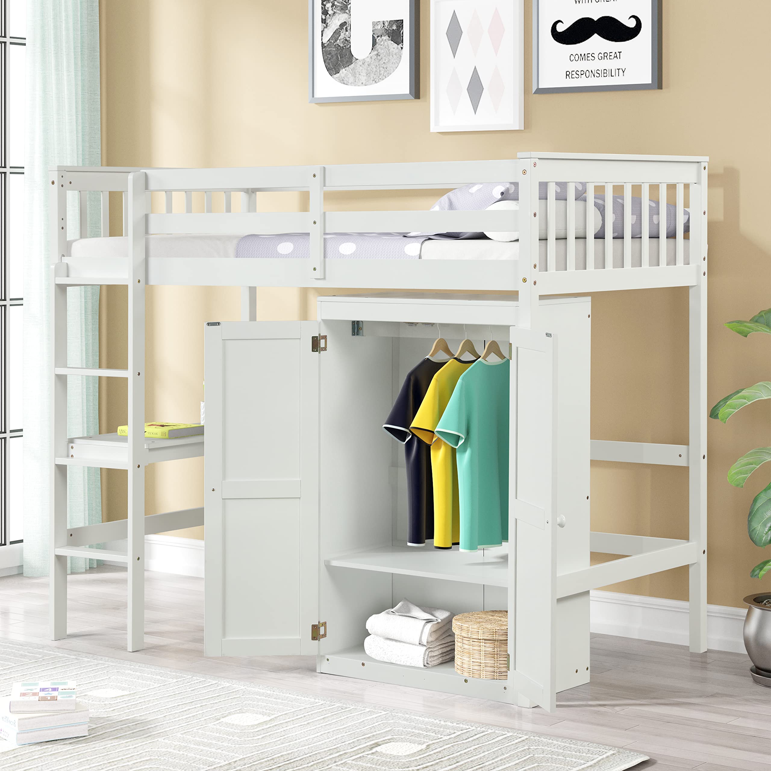 Harper & Bright Designs Twin Size Wood Loft Bed with Desk & Wardrobe - Space-Saving Study & Sleep Solution for Kids & Teens Bedrooms, Dorms & Small Spaces