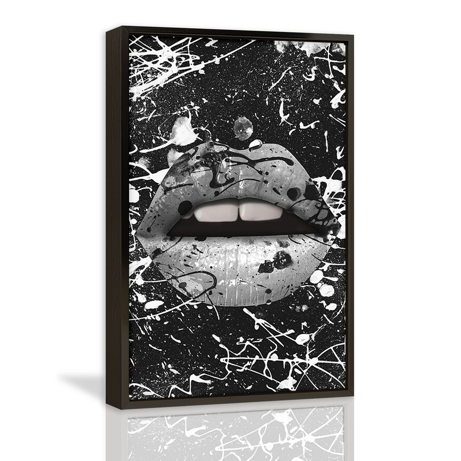 Abstract Grey Lips Wall Art Canvas Print - Black & White Oil Painting Poster for Home, Office & Kitchen Decor - Contemporary Artwork with Black Metal Frame (16x24 Inch) | Perfect for Living Room, Bedroom & Modern Interior Design