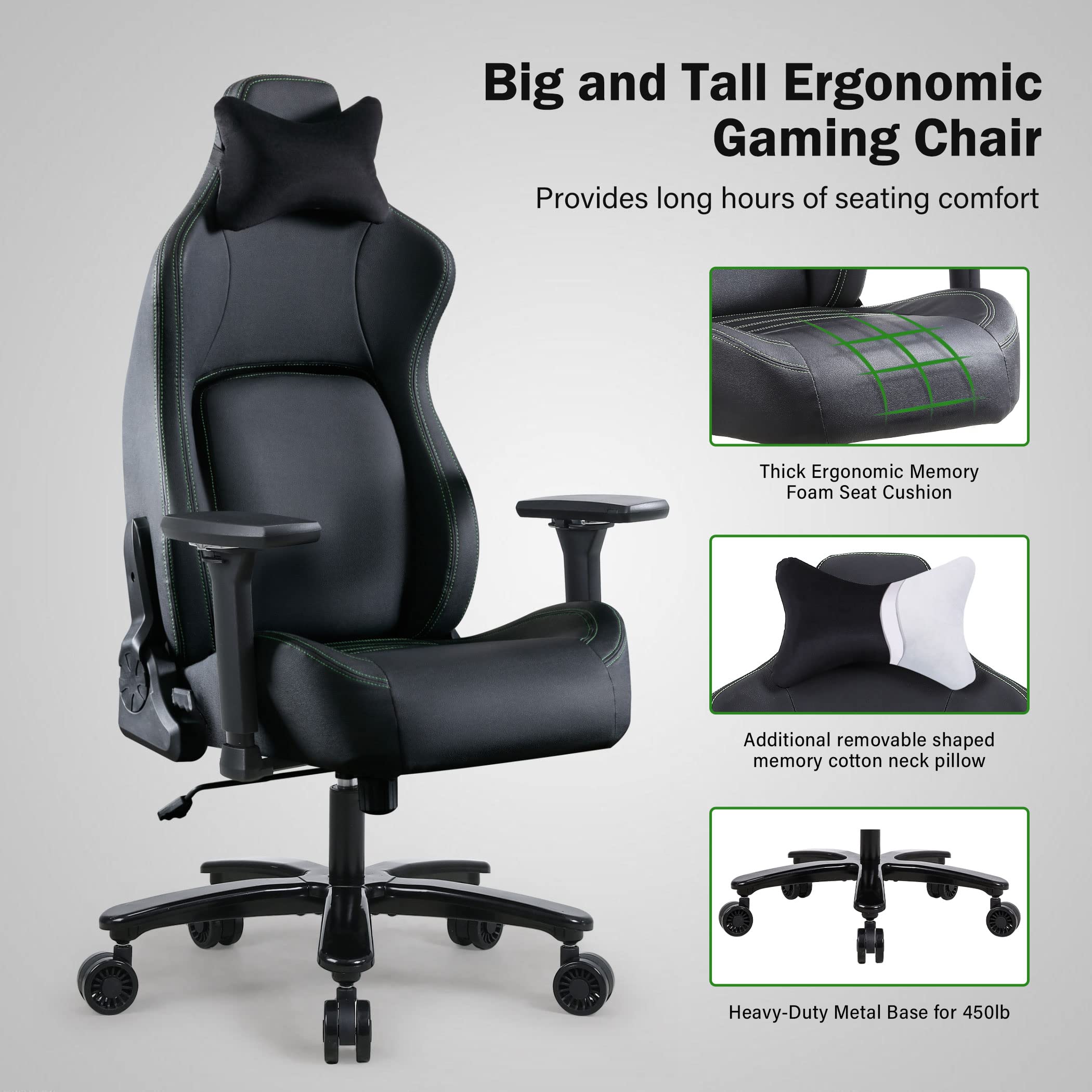 Big and Tall Gaming Chair - Ergonomic Computer Chair with 4D Adjustable Armrests, Extra Wide Memory Foam Seat & Lumbar Support - Heavy Duty Office Chair for Adults (300-400lbs) - Perfect for Long Gaming Sessions, Home Office Work & Streaming Setup