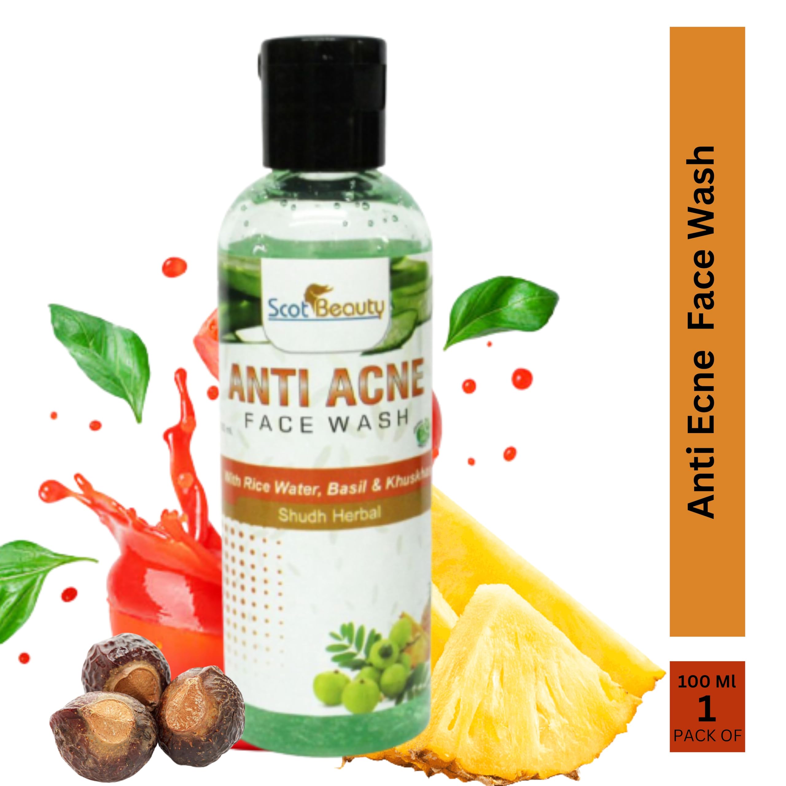Scotbeauty Anti Acne Face Wash with Tomato, Pineapple, Babool & Ritha - Deep Pore Cleansing, Paraben Free Facial Cleanser for Women & Men (100ml, Pack of 4) | Perfect for Daily Skincare Routine & Acne-Prone Skin