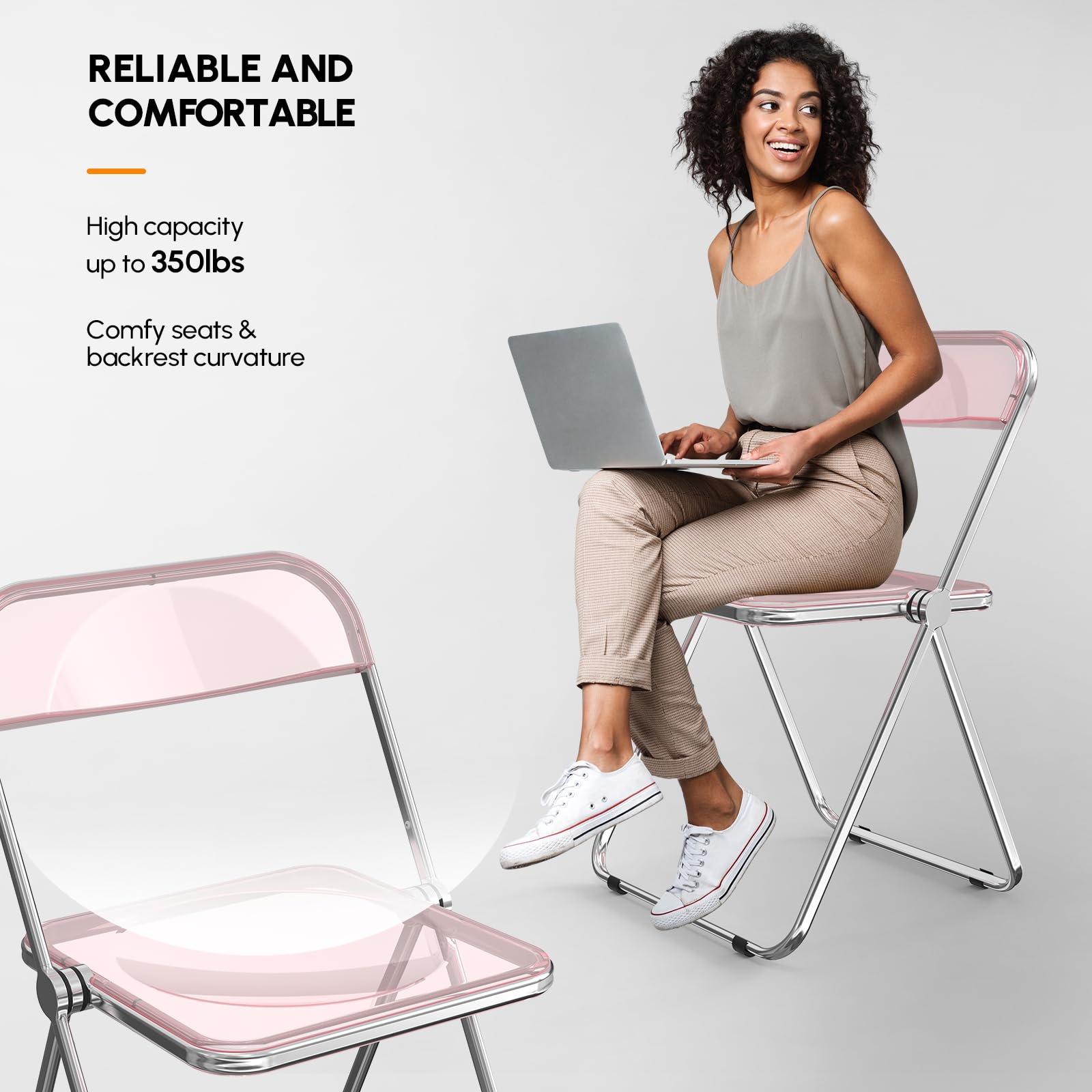VINGLI 2 Pack Clear Acrylic Folding Chairs - Foldable Stackable Plastic Panel with Metal Chrome Frame - 350 lbs Weight Capacity - Pink - Perfect for Weddings, Parties, Events & Outdoor Gatherings