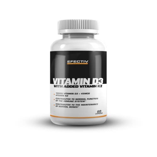 Efectiv Nutrition Vitamin D3 & K2 Supplement - 60 Capsules for Immune Support, Bone & Heart Health - Daily Essential Vitamins for Adults & Seniors - Perfect for Home, Office & Travel Use
