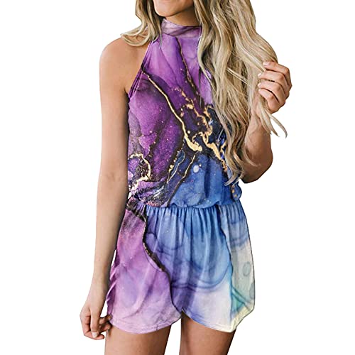 Women's Summer Casual Print Beach Jumpsuit - High Waist Sleeveless Halter Neck Playsuit | Tie Dye Loungewear for Vacation, Pool Party & Outdoor Activities (Purple, Size L)