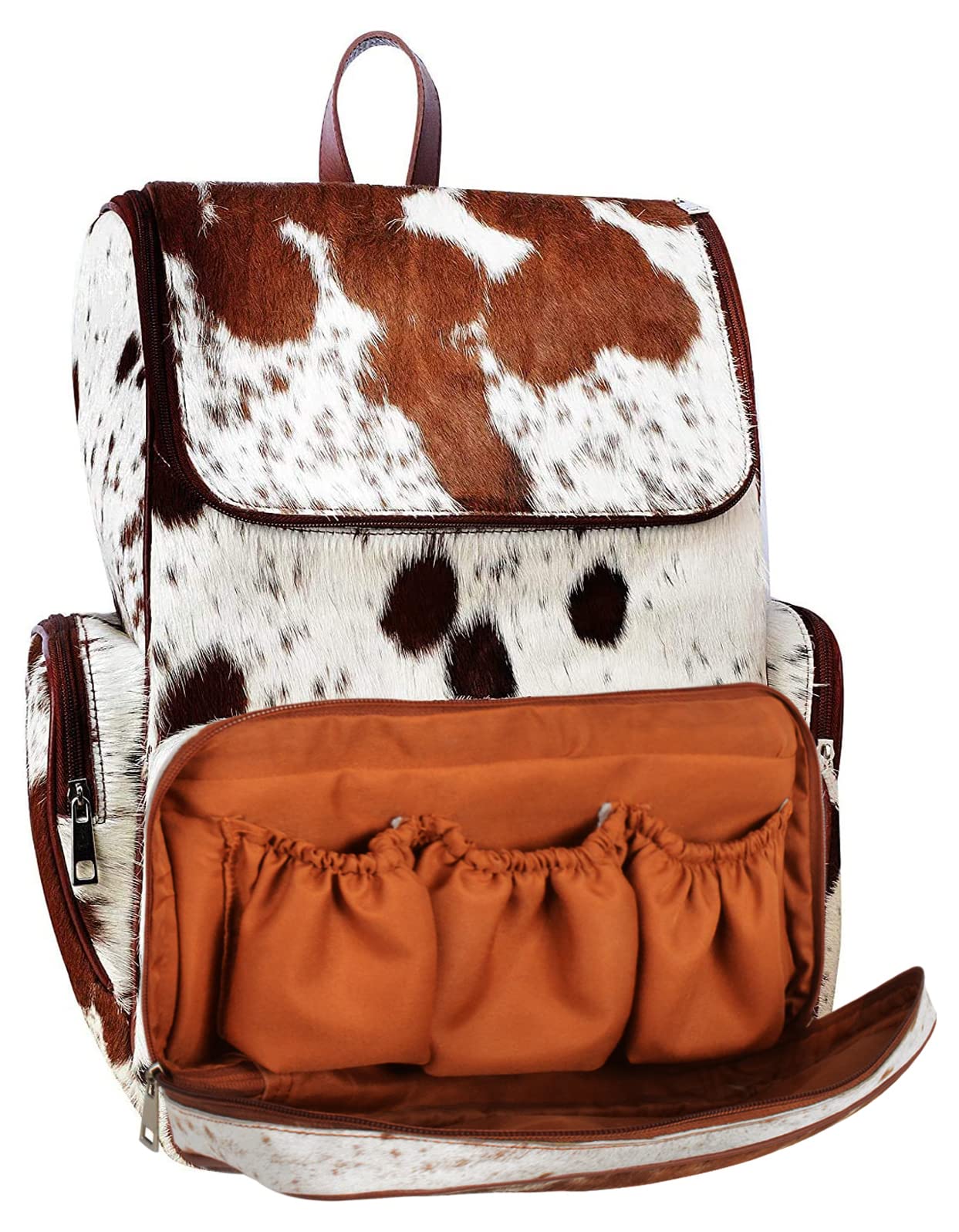 Genuine Cowhide Leather Backpack for Women - Stylish Cow Print Diaper Bag - Travel & Baby Essentials Organizer - Perfect for Moms, Work Commute & Weekend Getaways