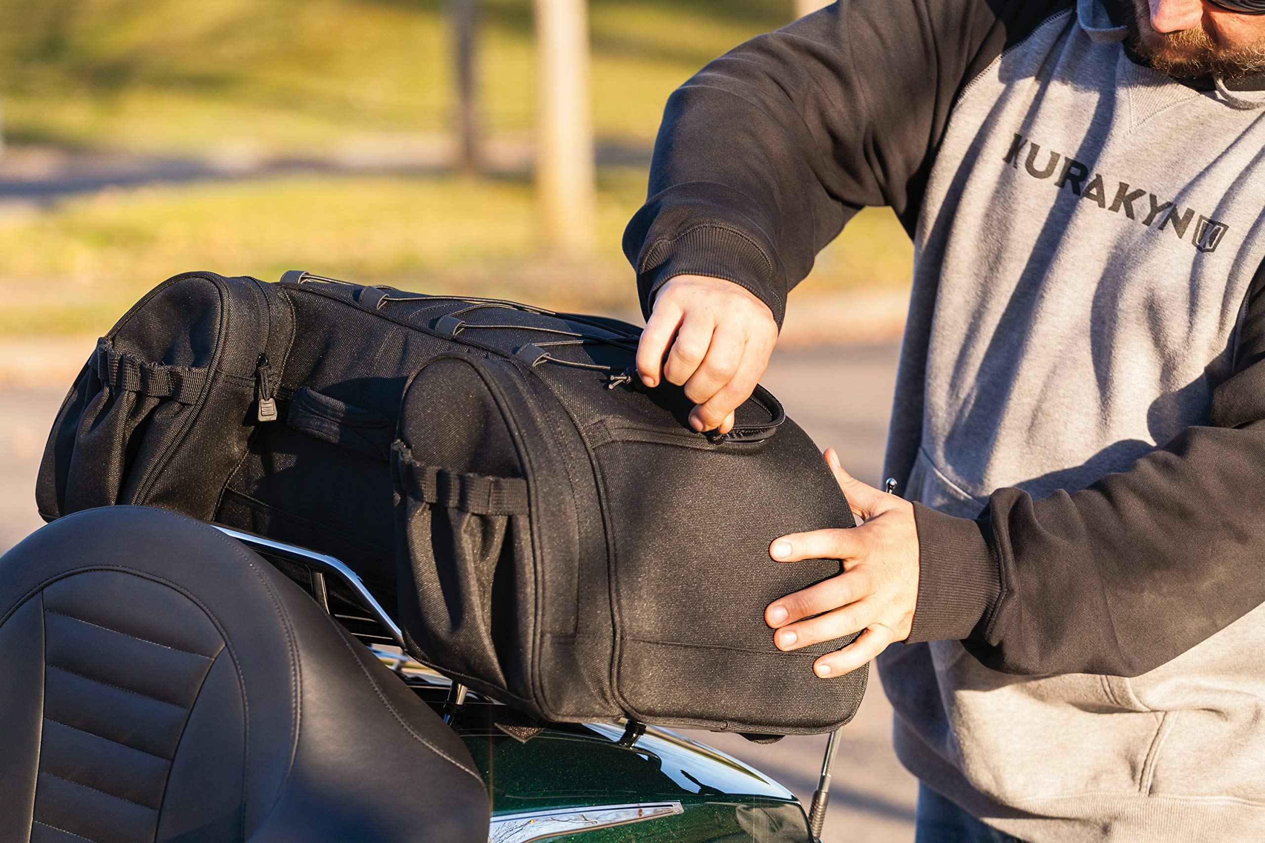 Kuryakyn 5281 Momentum Hitchhiker Motorcycle Travel Luggage - Waterproof Trunk Rack Bag for Harley, Touring & Cruiser Bikes (Black) | Perfect for Long Distance Rides & Road Trips