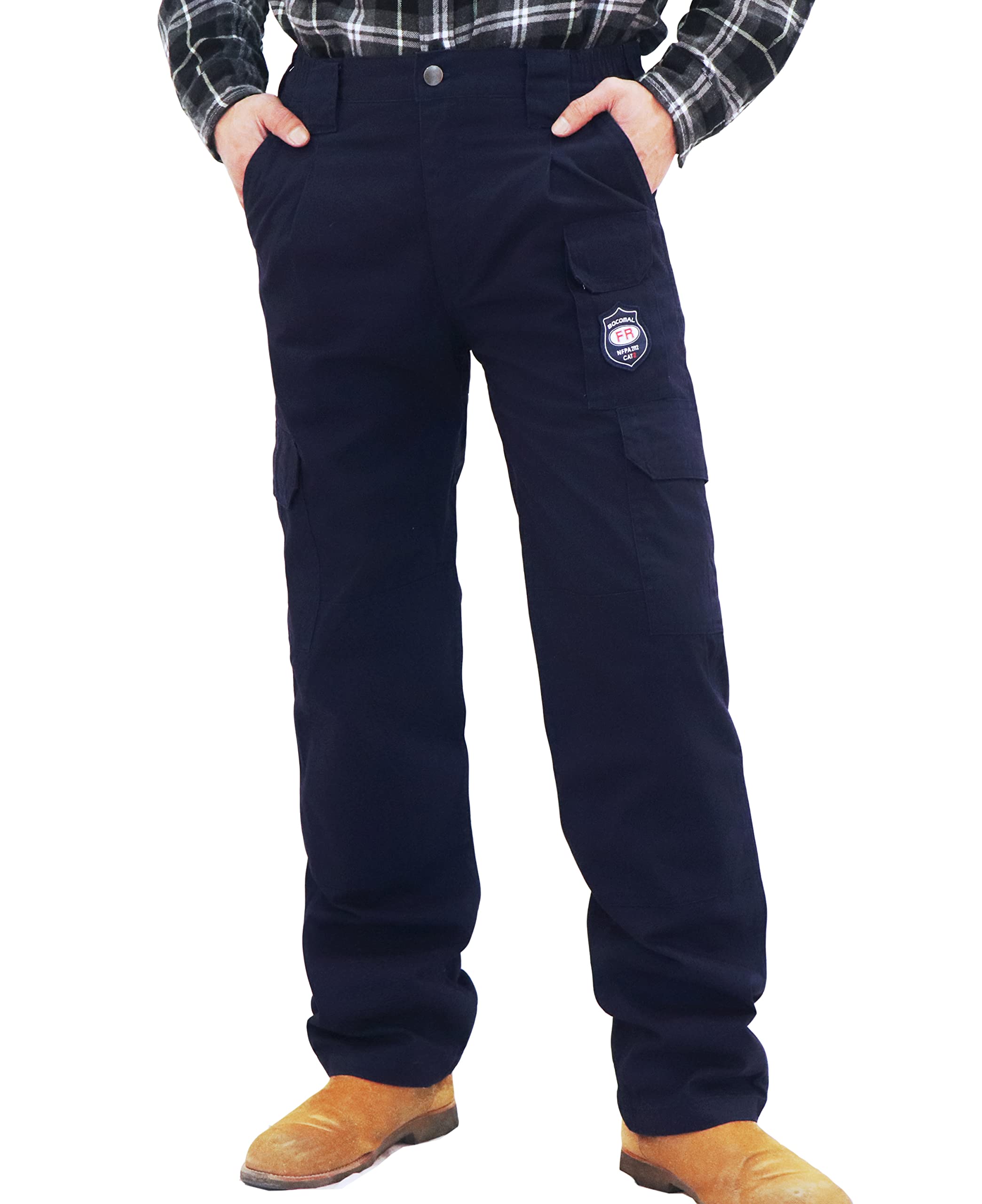 BOCOMAL FR Pants for Men - Flame Resistant Cargo Work Pants with Double Front, Multi-Pockets & Elastic Waist - Ideal for Construction, Welding & Industrial Safety Work
