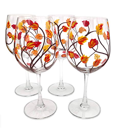 Hand Painted Fall Leaf Stemmed Wine Glasses Set of 4 - Autumn Colors for Thanksgiving Dinner, Holiday Parties & Seasonal Home Decor