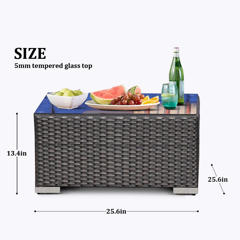 Black PE Wicker Patio Side Table with Glass Top - Rattan Coffee Table & Sofa End Table for Outdoor Living, Garden Party, and Poolside Relaxation
