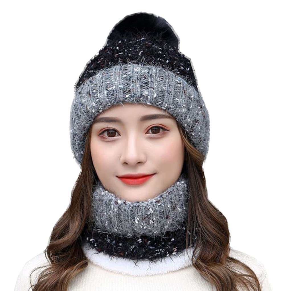 Women's Winter Beanie Hat Set - 2Pcs Fleece Lined Skull Cap with Pompom & Neck Warmer | Warm Knit Polka Dot Hat for Cold Weather | Outdoor Activities, Skiing, Snowboarding, Daily Winter Fashion