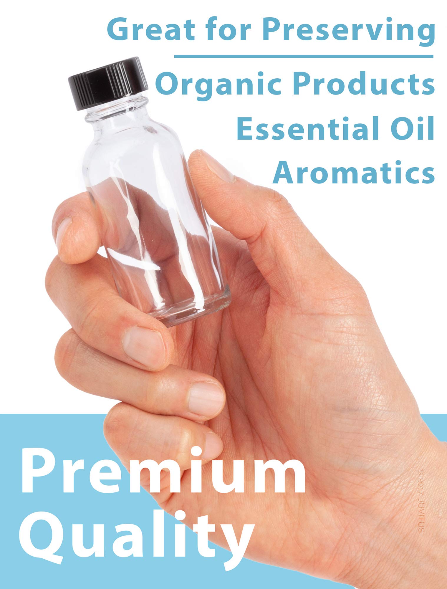 JUVITUS 1 oz (30 ml) Clear Glass Boston Round Bottles with Airtight Phenolic Caps - 24 Pack + Free Funnel - Perfect for Essential Oils, DIY Beauty Products & Travel-Sized Liquids
