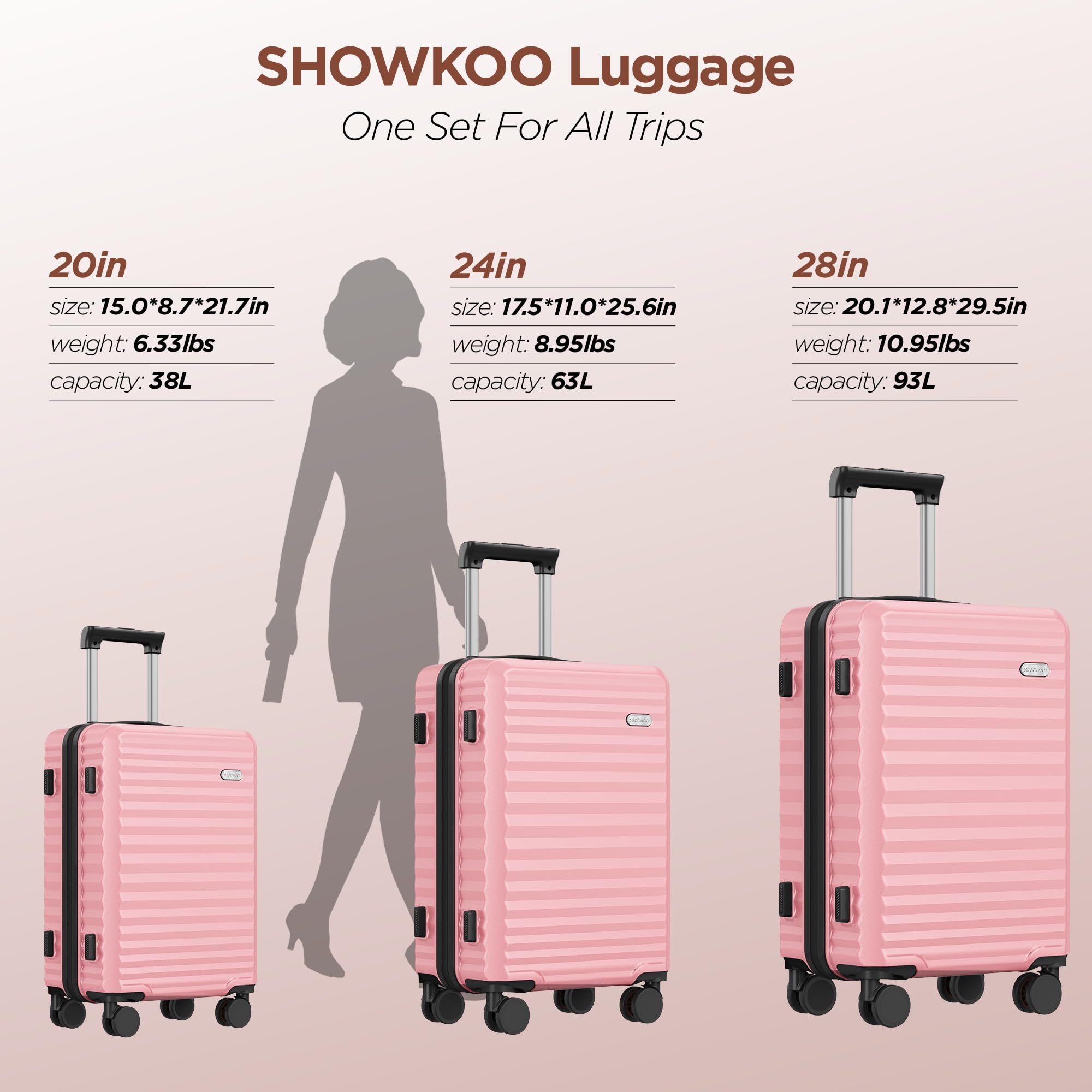 Showkoo 3-Piece Hardside Expandable Luggage Set with Double Spinner Wheels & TSA Lock - Pink (20in/24in/28in) | Lightweight Durable Suitcases for Travel, Business Trips & Family Vacations