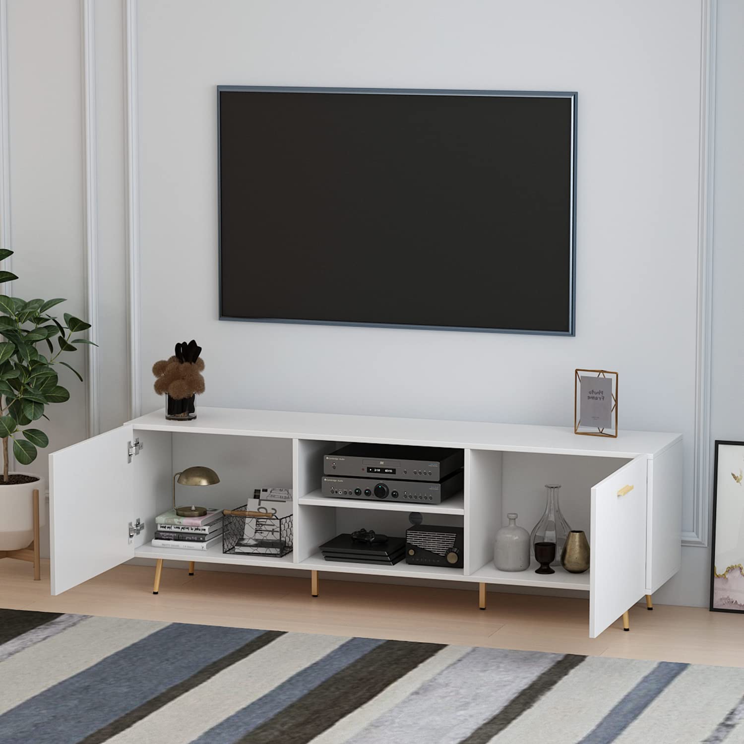 Modern TV Stand for 75 Inch TVs - Entertainment Center with 2 Doors & 2 Open Shelves, Gold Metal Legs TV Console Table - 69