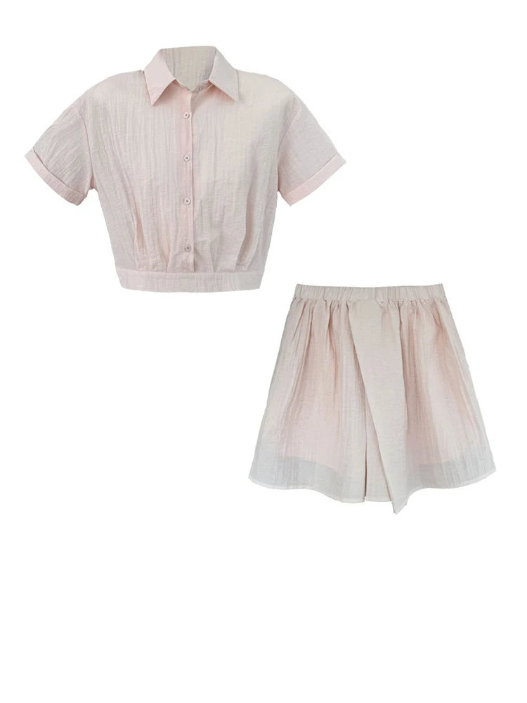 Beige Women's Two-Piece Suit Set - Thin Half Body Skirt & Lapel Short Sleeve Shirt | Spring Summer 2025 Fashion Trend | Office Wear, Casual Outfits, Party Dresses (Style 1DJ1239)