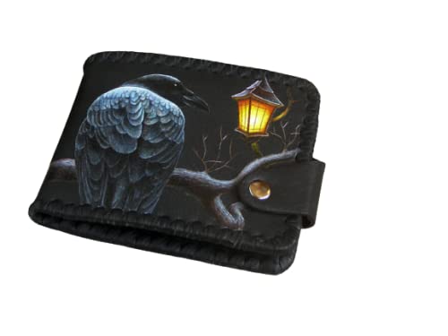Mystery Night Raven Men's 3D Genuine Leather Wallet - Handmade Carved & Tooled Biker Wallet with Airbrush Art - Custom Personalized Leather Wallet for Men - Perfect Gift for Bikers & Motorcycle Enthusiasts