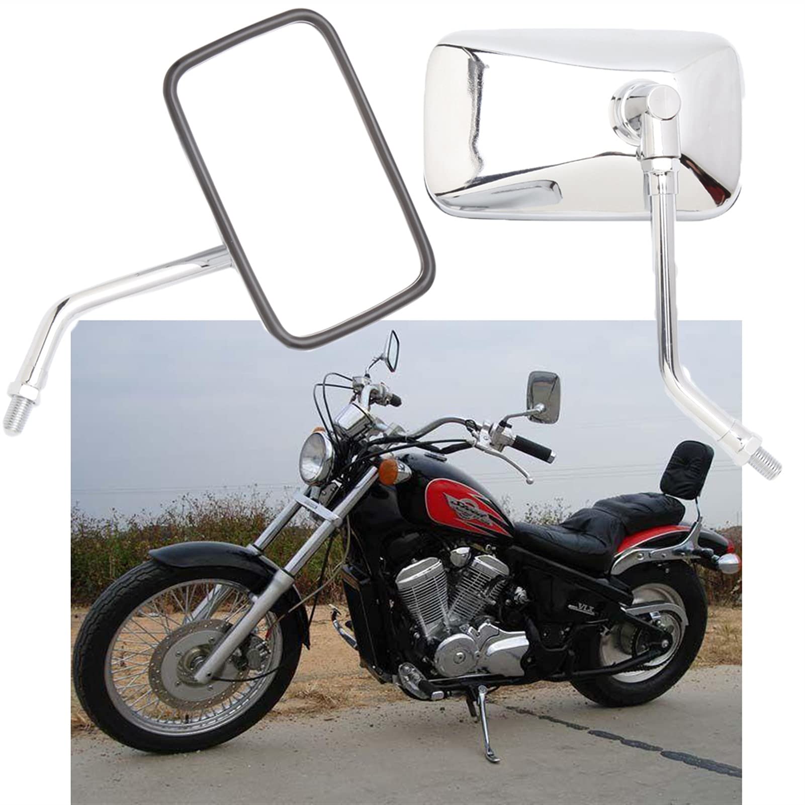 Universal 8-10mm Chrome Aluminum Motorcycle Rearview Mirrors - 1 Pair Rectangle Design for Honda Shadow Spirit 750/1100 & VTX1300/VTX1800 - Durable Bike Mirror Accessories for Enhanced Safety & Style on Cruisers & Touring Rides