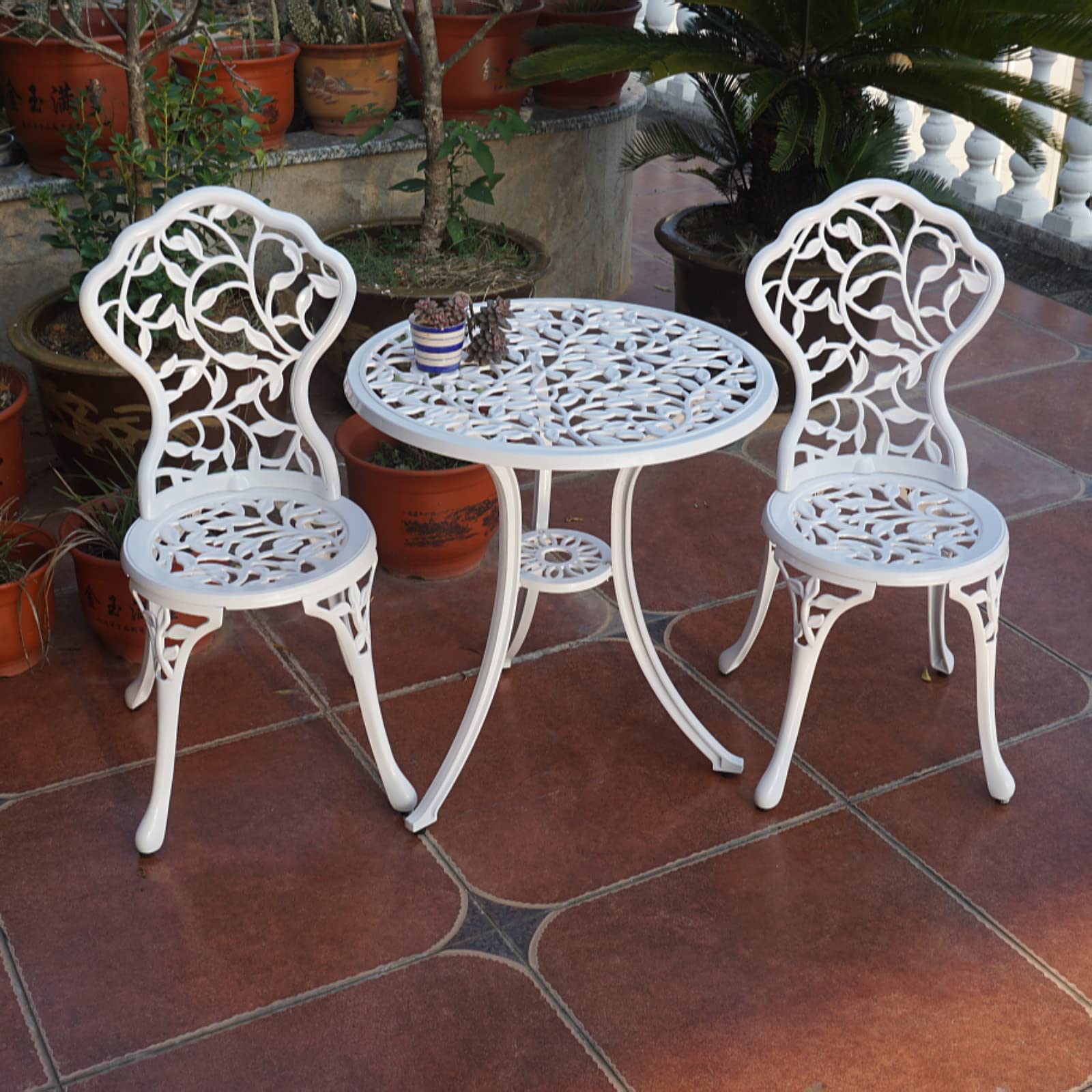 KAILI 3-Piece Patio Bistro Set - White Cast Aluminum Outdoor Dining Table and Chairs - Rust-Proof Garden Furniture for Backyard, Balcony & Poolside Relaxation