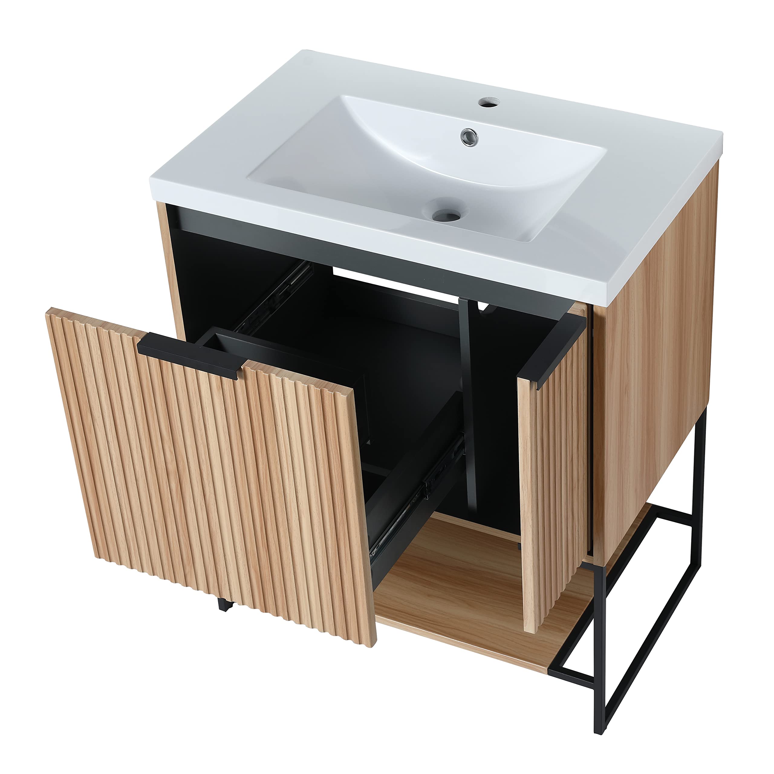 Yoluckea 30-Inch Modern Maple Wood Bathroom Vanity Set with Resin Sink Basin - Freestanding Small Bathroom Cabinet with Drawer, Door & Storage Shelf - Perfect for Compact Spaces, Powder Rooms & Apartment Bathrooms