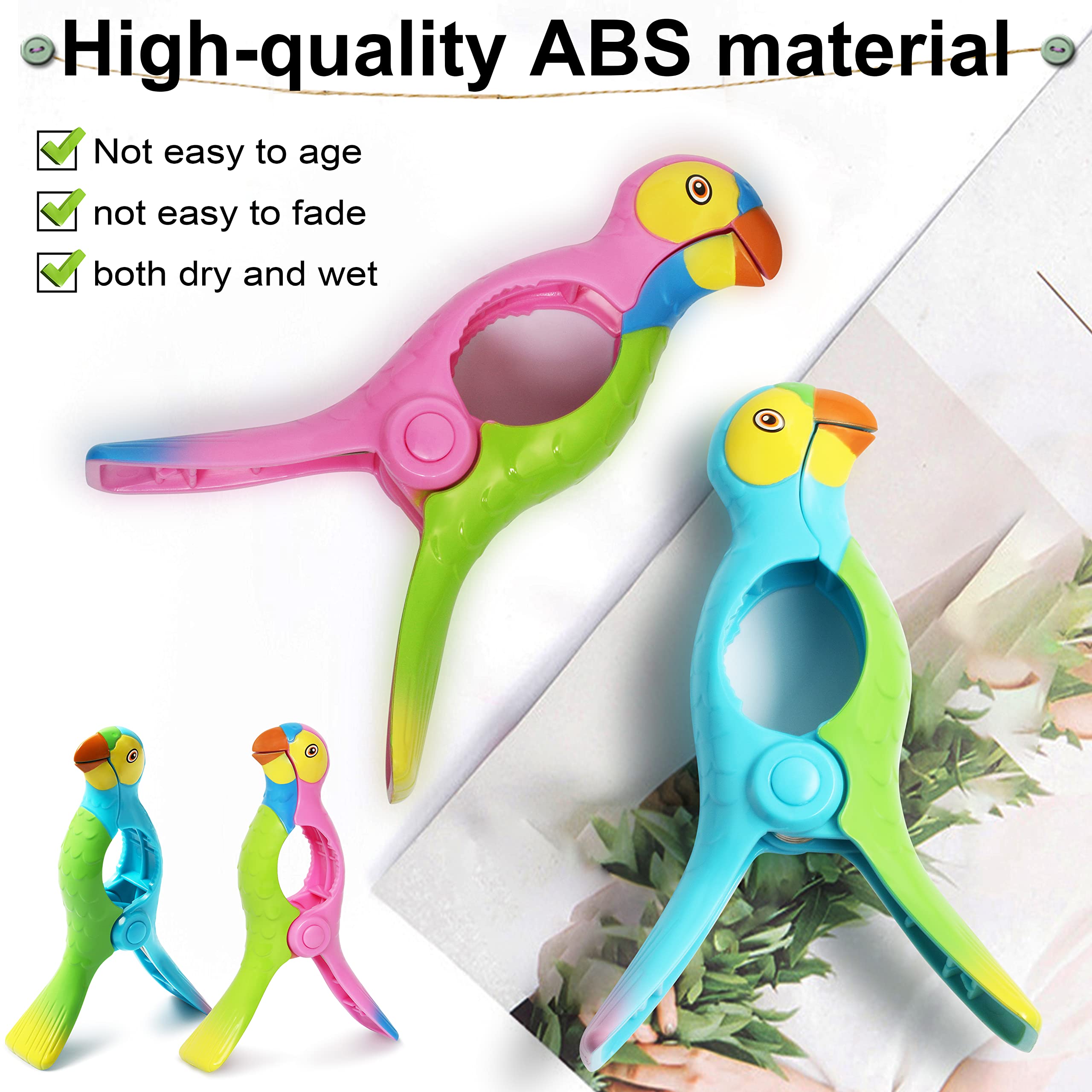 Kaluofan 4PCS Strong Parrot-Shaped Beach Towel Clips for Chairs - Vivid Blue & Pink - Perfect for Poolside, Beach, and Outdoor Relaxation