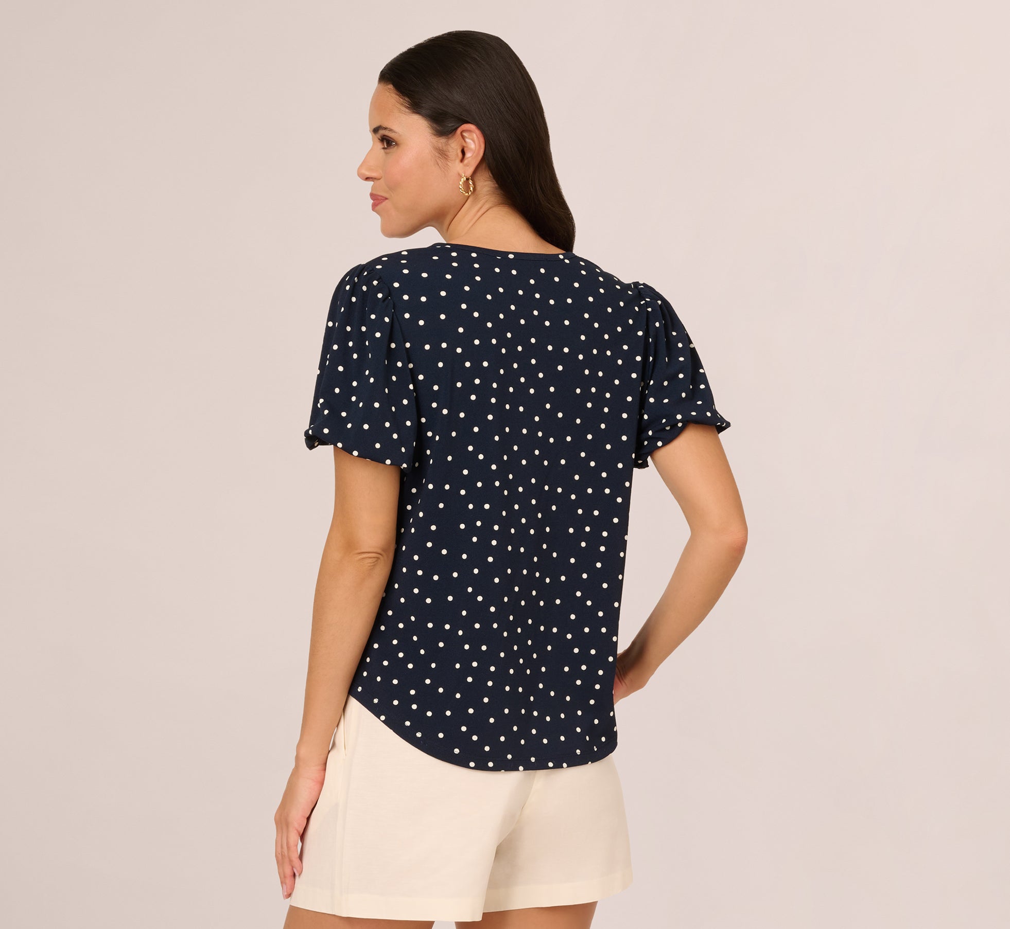 Navy Blue Polka Dot Short Sleeve Blouse with Bubble Sleeves - Casual Summer Tops for Women, Perfect for Beach Outings & Date Nights