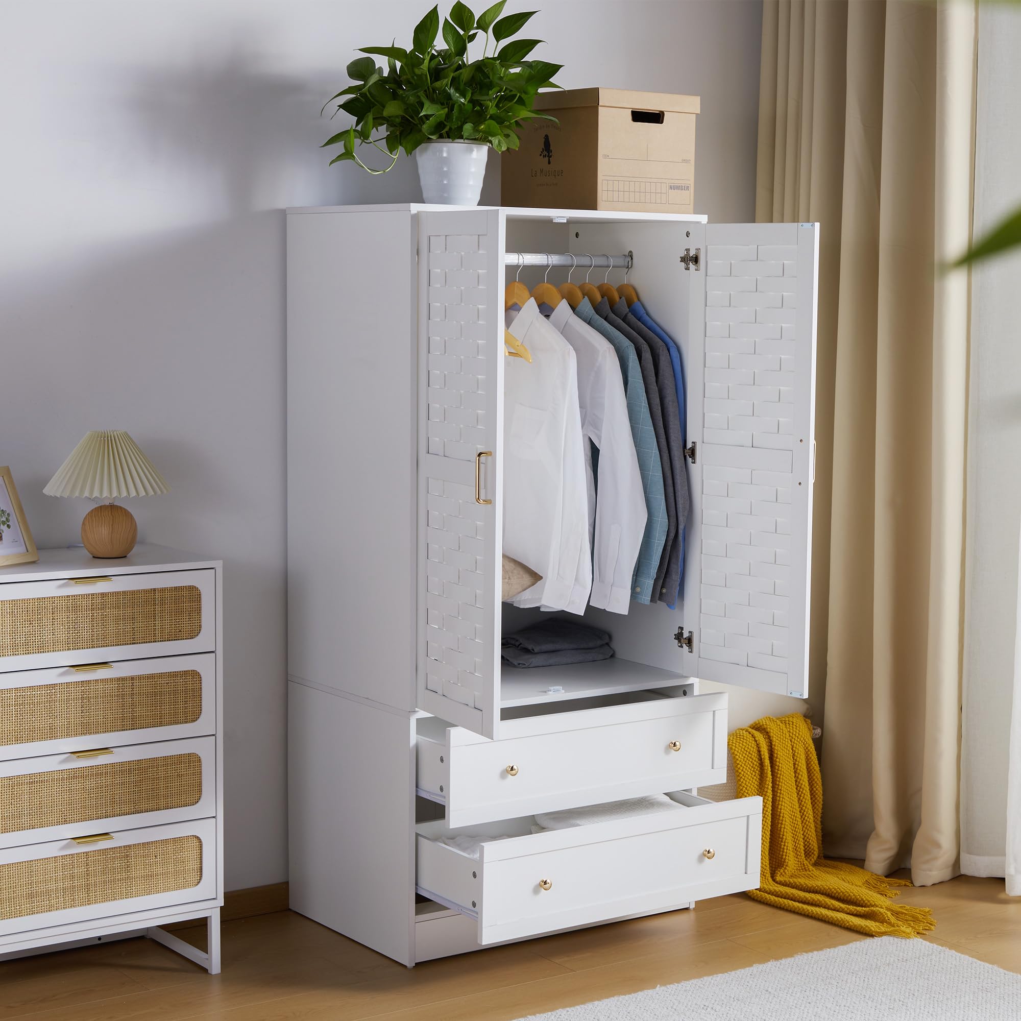 LEVNARY White Wooden Armoire Wardrobe Closet - Freestanding Storage Cabinet with 2 Woven Doors, 2 Drawers & Hanging Rail for Bedroom Organization | Perfect for Small Spaces, Guest Rooms & Apartment Living