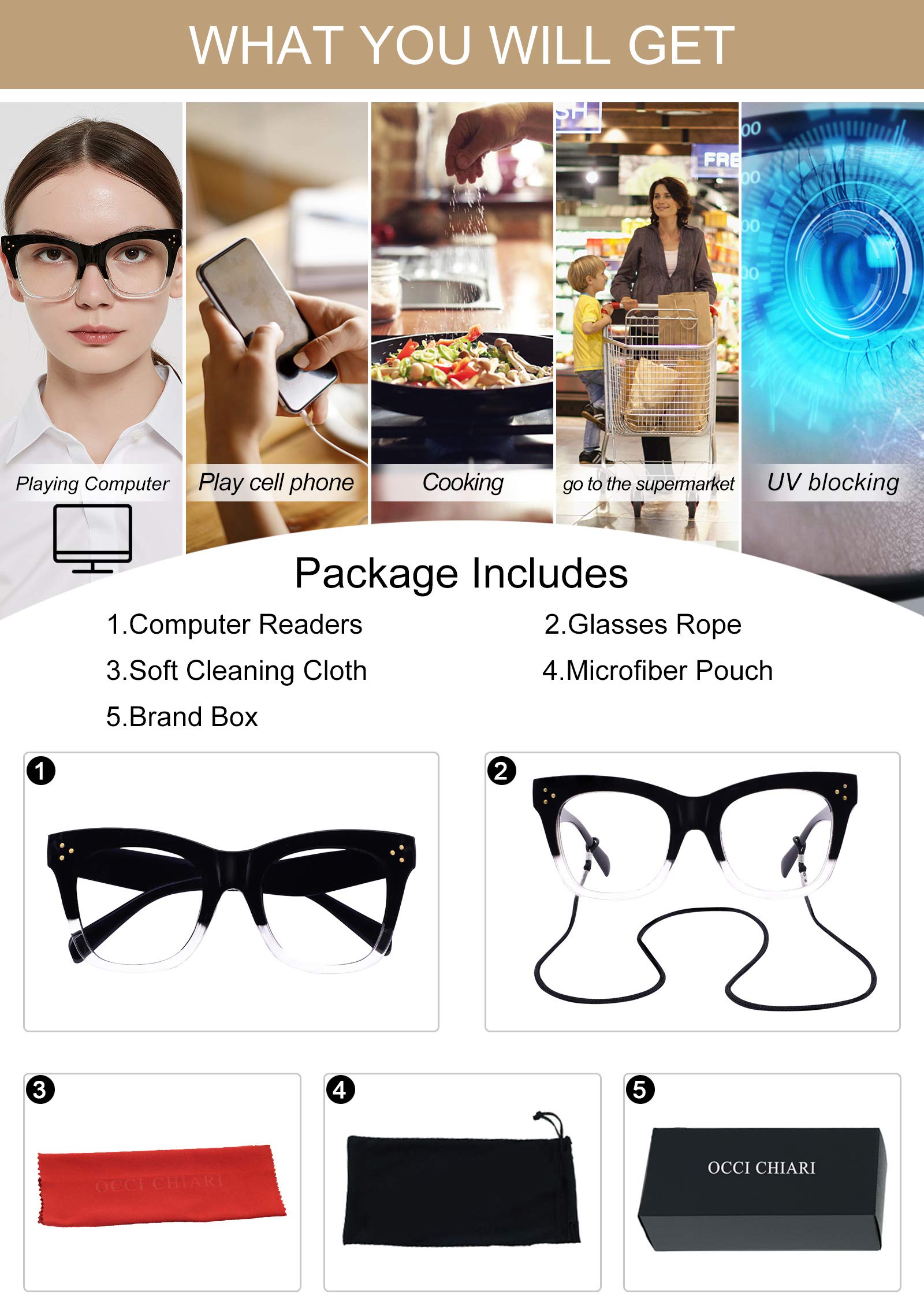 OCCI CHIARI Blue Light Blocking Reading Glasses for Women - Anti Glare Computer Glasses with Durable Frames (0.0 to 6.0 Strength Options) - Black Clear Lens 3.0 Magnification - Perfect for Office Work, Screen Time & Digital Eye Strain Relief
