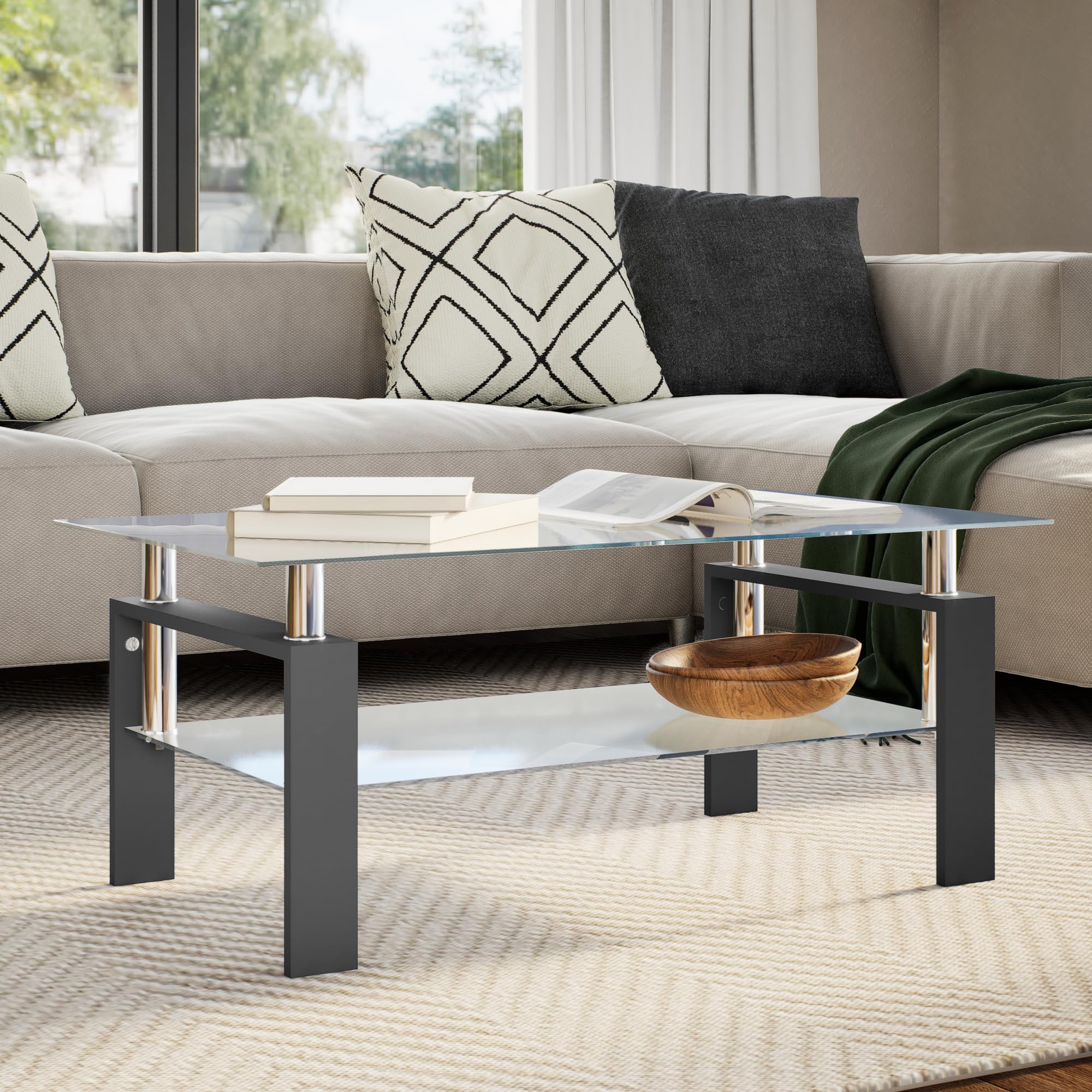 Modern Black & Transparent Tempered Glass Coffee Table with Melamine Legs - 2-Tier Design, Easy to Clean, 37.4